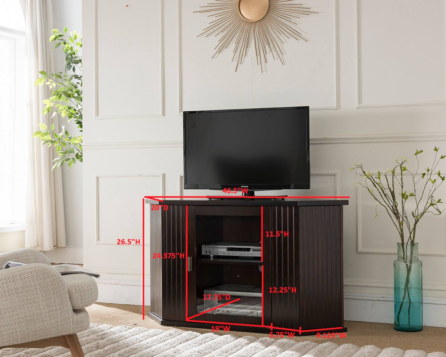 - 46.5"W
- 20"D
- 26.5"H
- 11.5"H
- 24.375"H
- 17.75"D
- 12.25"H
- 19"W
- 5.75"W
- 9.125"W