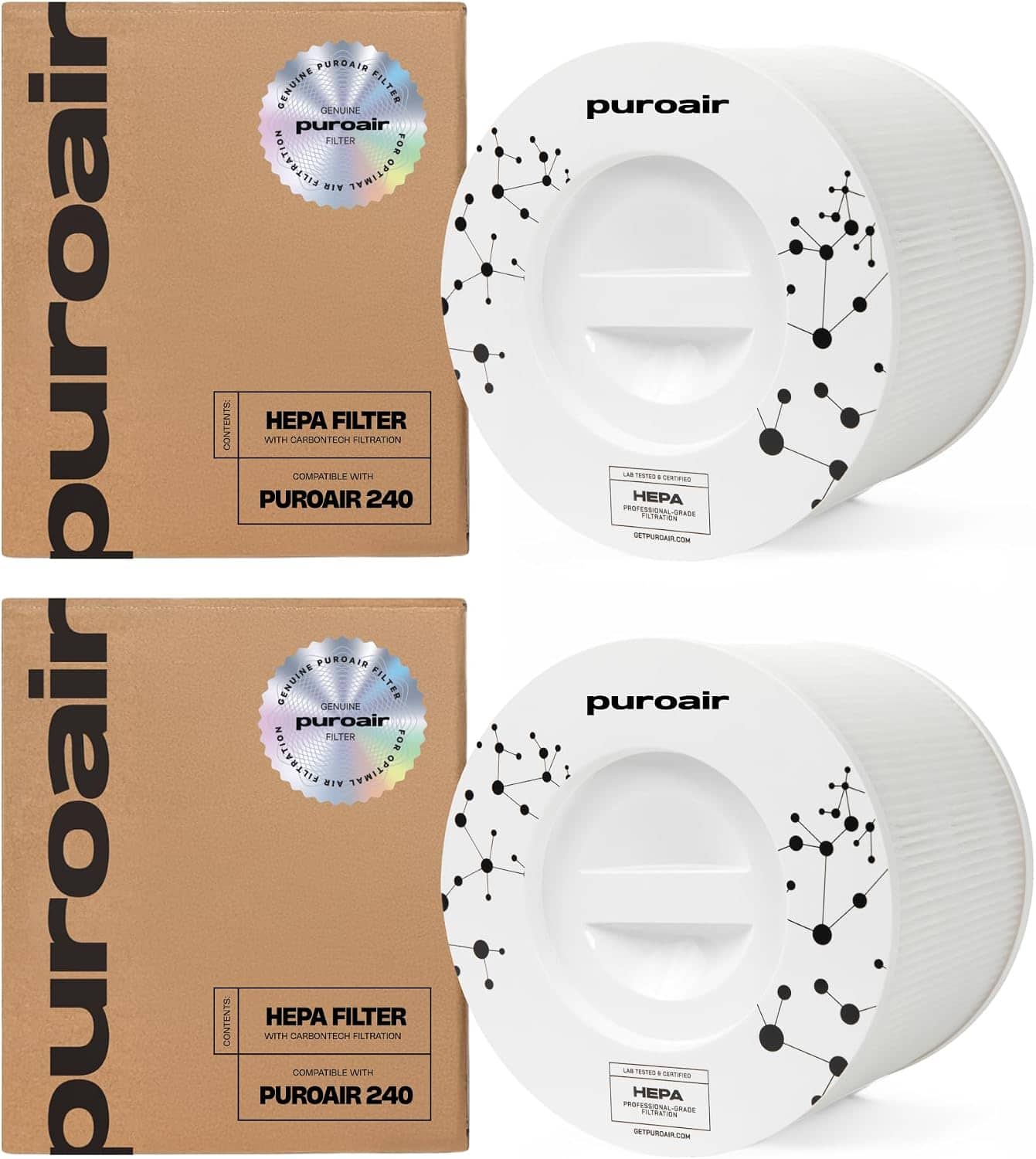 PuroAir - 240 HEPA Filter 2-Pack with CarbonTech 3-Layer Defense – Filters 99.9% Pollen, Dust, Dander, Smoke & Odors - White
