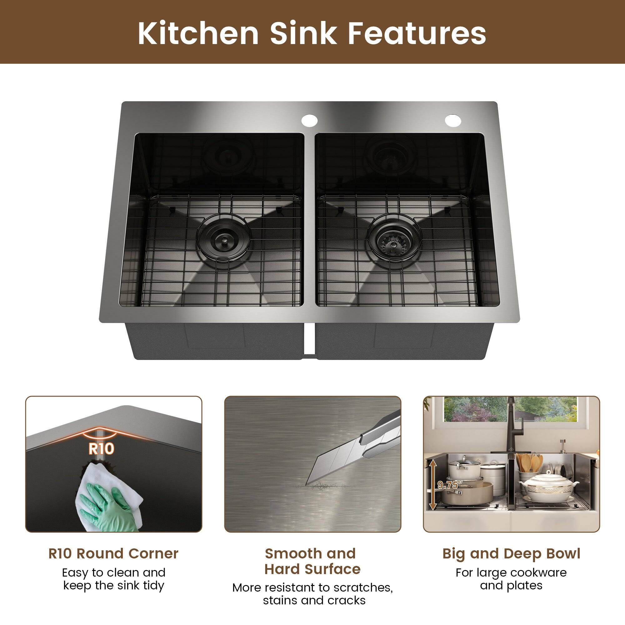Kitchen Sink Features

R10 Round Corner
Easy to clean and keep the sink tidy

Smooth and Hard Surface
More resistant to scratches, stains and cracks

Big and Deep Bowl
For large cookware and plates