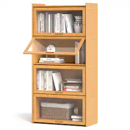 Gymax - 4-Tier Bamboo Bookshelf w/Doors See-through Acrylic Doors Freestanding Bookcase - Natural