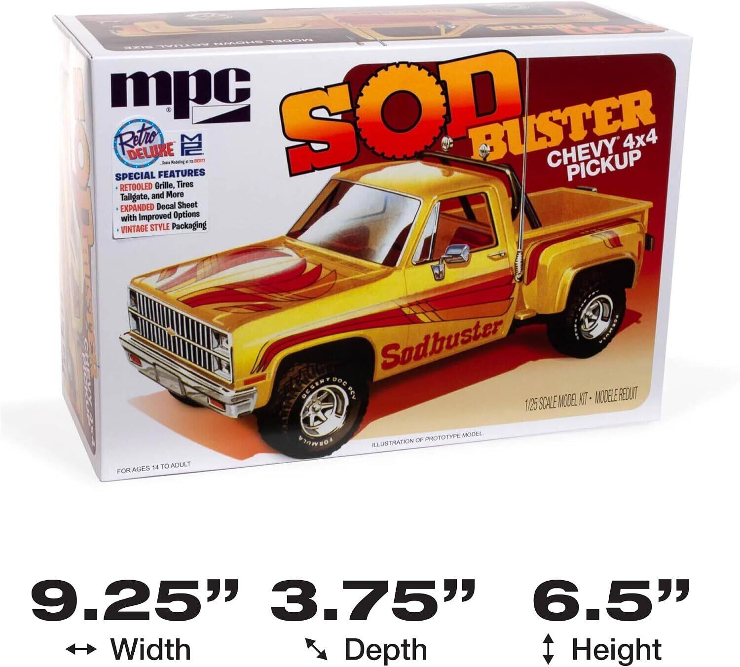 MPC SOD BUSTER Retio 1 4x4 DELUXE -tor .  CHEVY PICKUP SPECIAL FEATURES RETOOLED Grille, Tires Tailgate, and More EXPANDED Decal Sheet with Improved Options VINTAGE STYLE Packaging Sodbuster DESERT 0O EL OO.  MODEL NIT MODELE REDUT 1/25 SCALE VIAWEDS PROTOTYPE MODEL ILLUSTRATION OF 54 TO ADULT FOR AGES 9.25 3.75 6.5 Width Depth Height