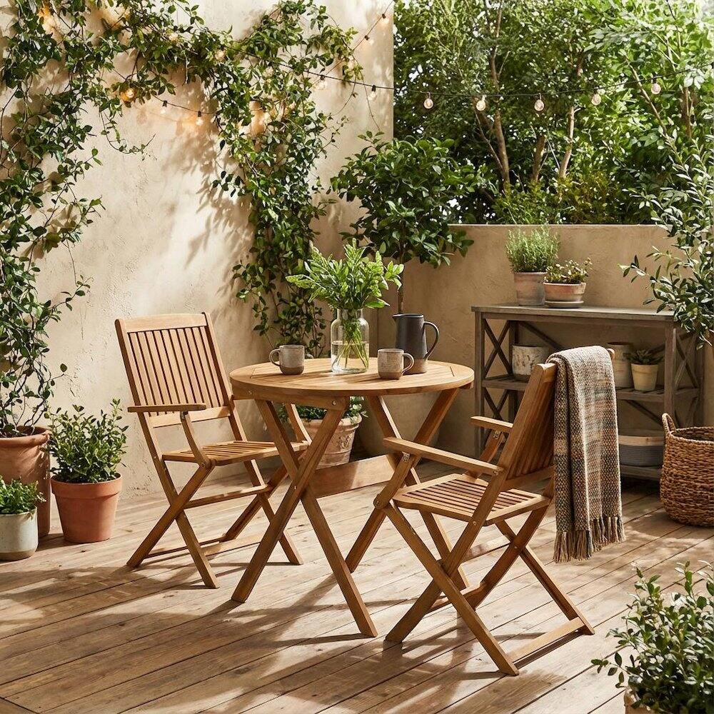 Alt View 3. Outdoor Escape - 3-Piece Outdoor Bistro Set Oil-Finish Wooden Folding Table and 2 Chairs - Natural Oil.