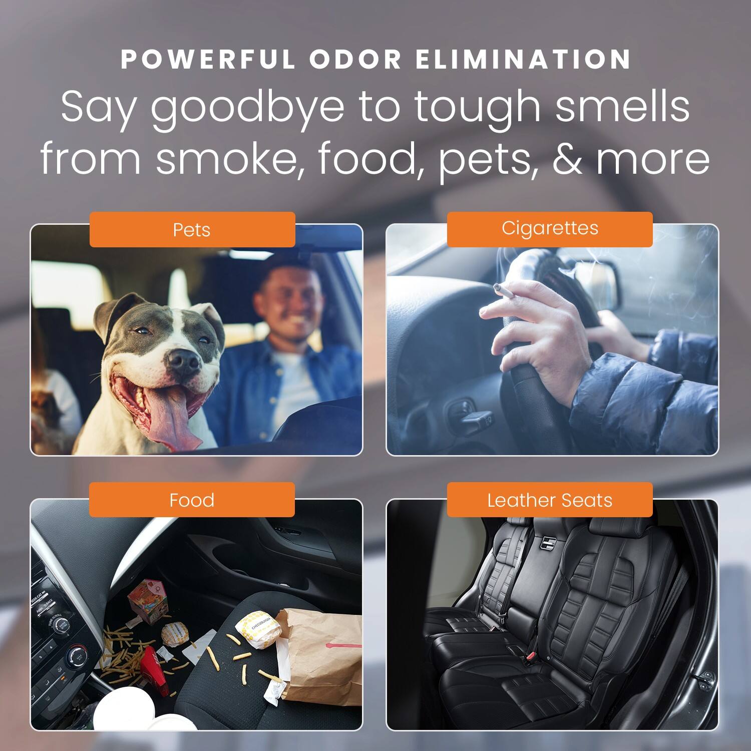 POWERFUL ODOR ELIMINATION  
Say goodbye to tough smells from smoke, food, pets, & more  

Pets  
Cigarettes  
Food  
Leather Seats