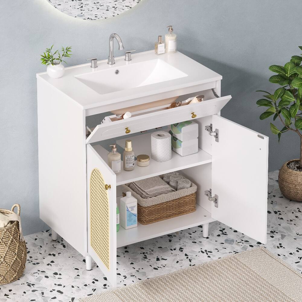 Angle. Loheer - Loheer 30 inch bathroom vanity with sink White Rattan Solid Wood Cabinet - White.