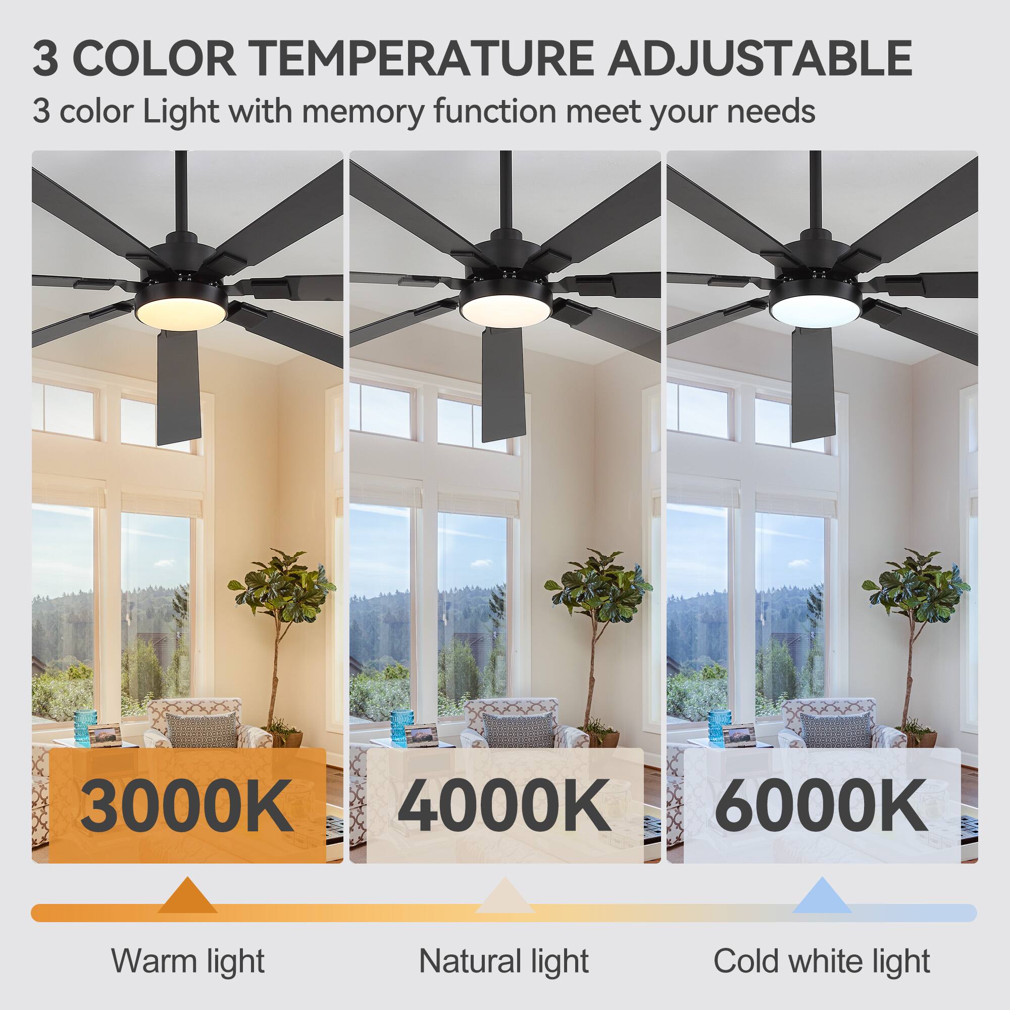 3 COLOR TEMPERATURE ADJUSTABLE  
3 color Light with memory function meet your needs  

3000K  
Warm light  

4000K  
Natural light  

6000K  
Cold white light