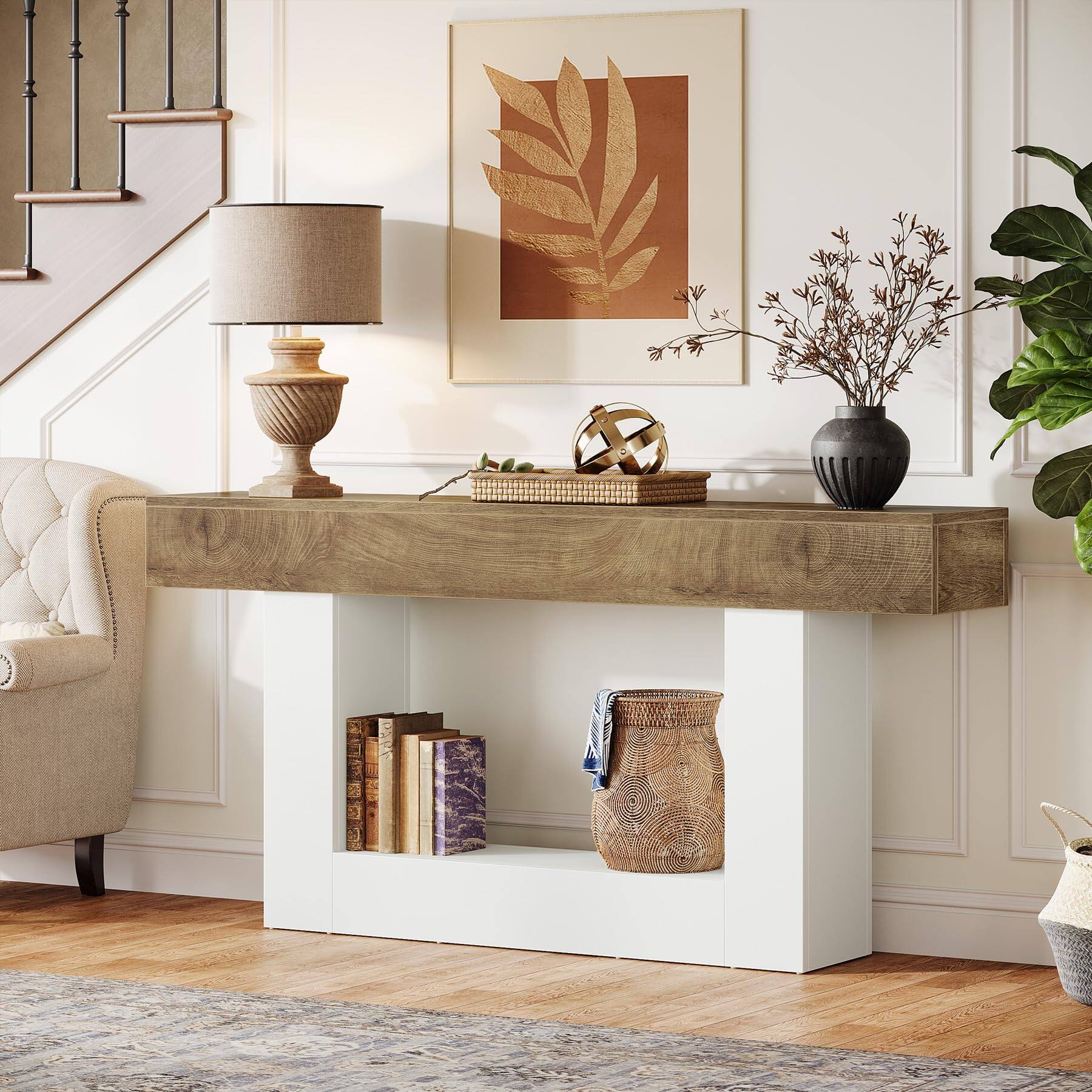 Back. Tribesigns - 63-Inch Long Console Table, 2-Tier Entryway Table Sofa Table with Storage, Farmhouse Wood Behind Couch Table for Living - Light Brown & White.