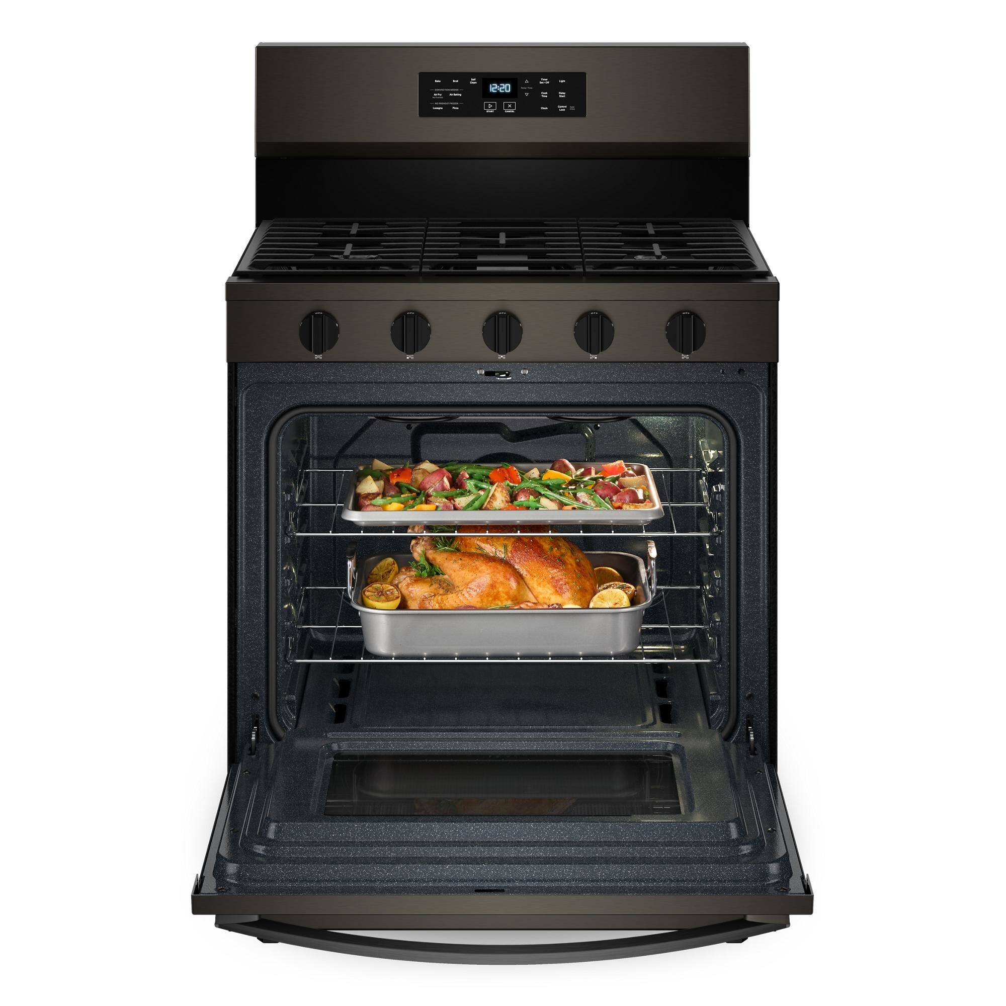 Left. Whirlpool - 5.0 Cu. Ft. Freestanding Single Gas Range with Air Fry and Air Baking - Black stainless steel.
