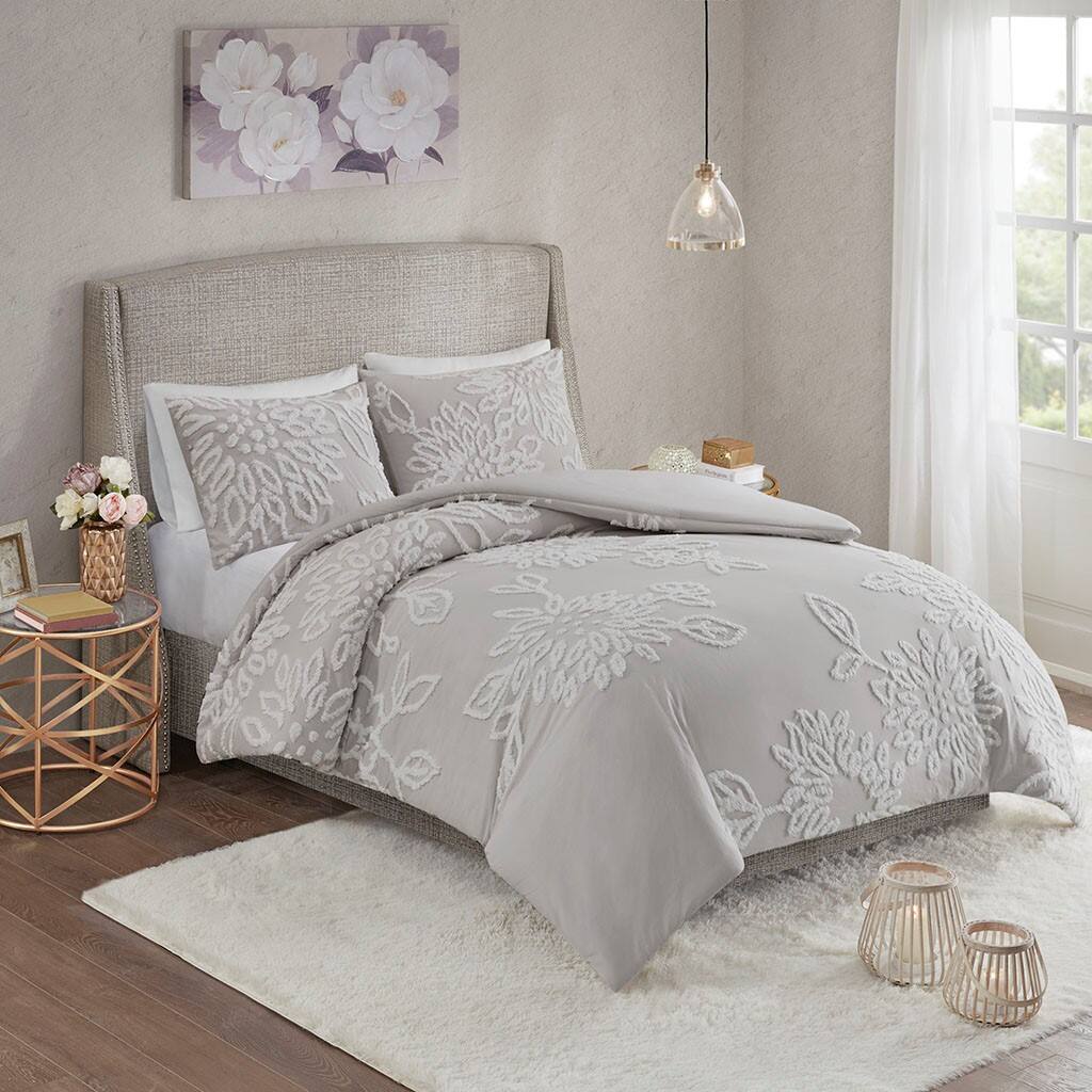 Alt View 1. Gracie Mills - Gracie Mills Anita 3-Piece Tufted Cotton Chenille Floral Duvet Cover Set - Warm Grey/White.