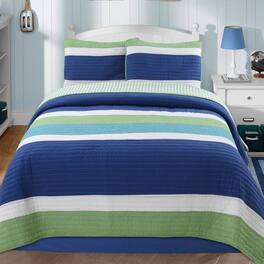 Hivvago - Full/Queen Stripe 100-Percent Cotton Quilt Set - Navy Blue/Green/Teal/White