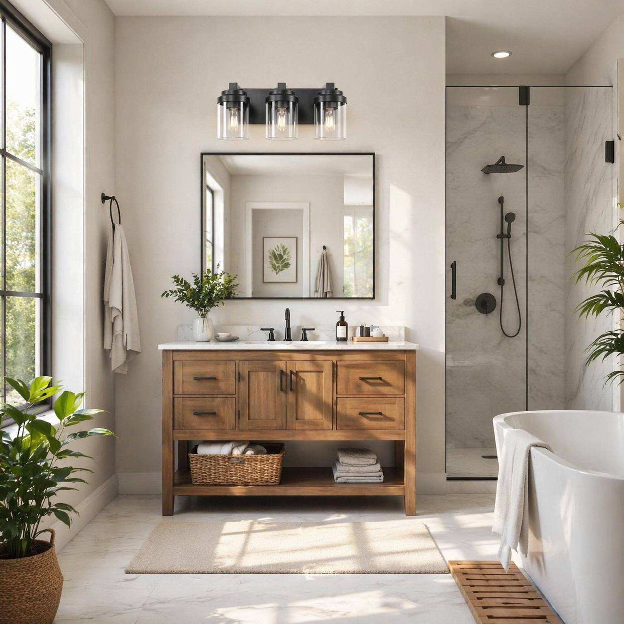 Alt View 1. RYHNUYNE - 3-Light Matte Black Bathroom Vanity Light with Clear Glass Shades, E26 Ceramic Sockets, Dimmable Wall Fixture.