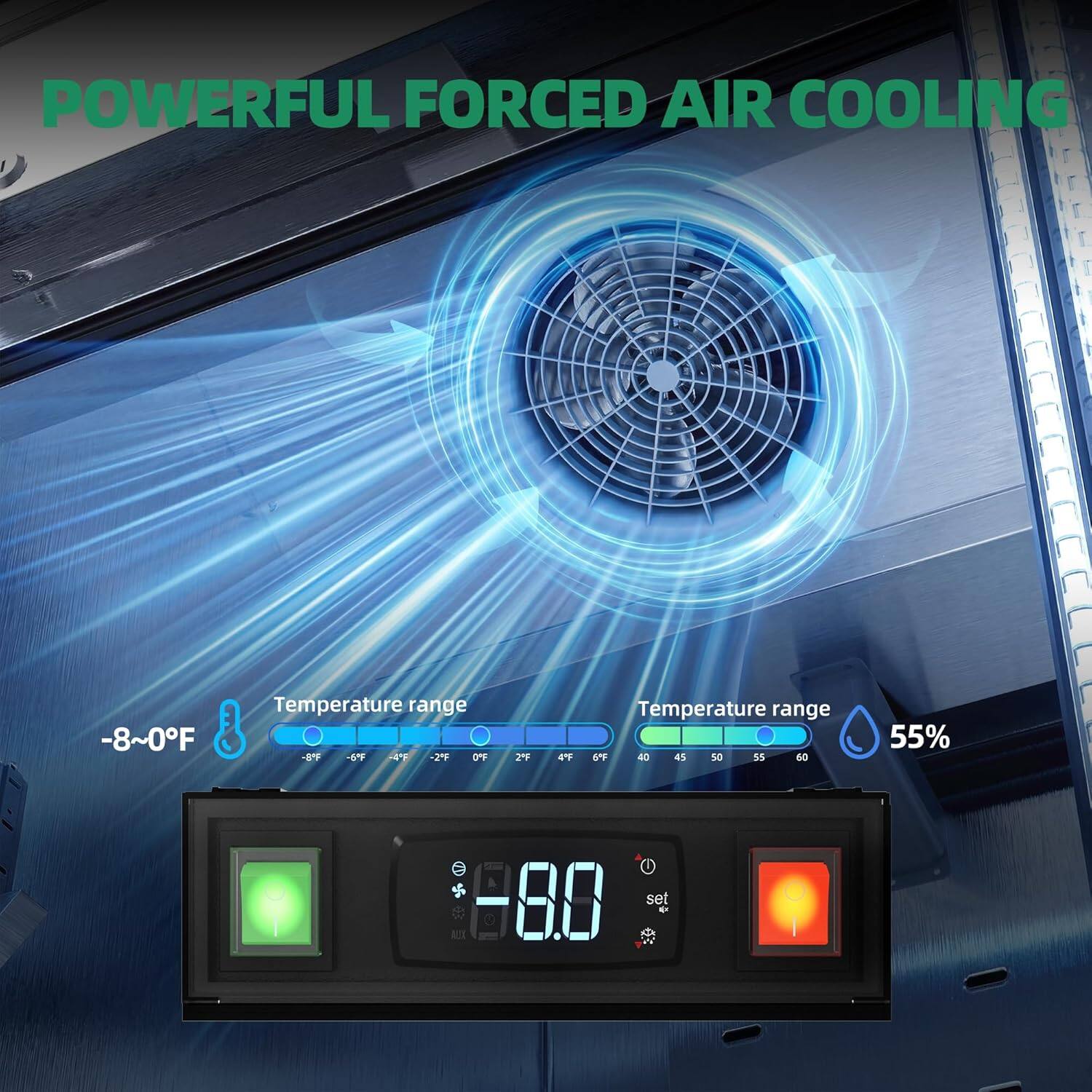 POWERFUL FORCED AIR COOLING

-8~0°F Temperature range

Temperature range: -8°F, -6°F, -4°F, -2°F, 0°F, 2°F, 4°F, 6°F

Temperature range: 40, 45, 50, 55, 60

55% ALX

88 set