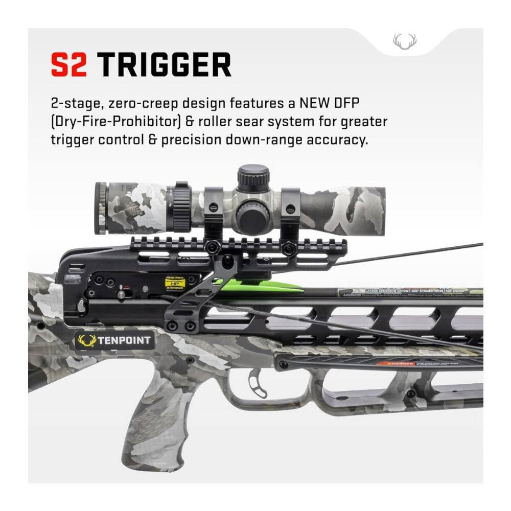 S2 TRIGGER  
2-stage, zero-creep design features a NEW DFP (Dry-Fire-Prohibitor) & roller sear system for greater trigger control & precision down-range accuracy.  
TENPOINT