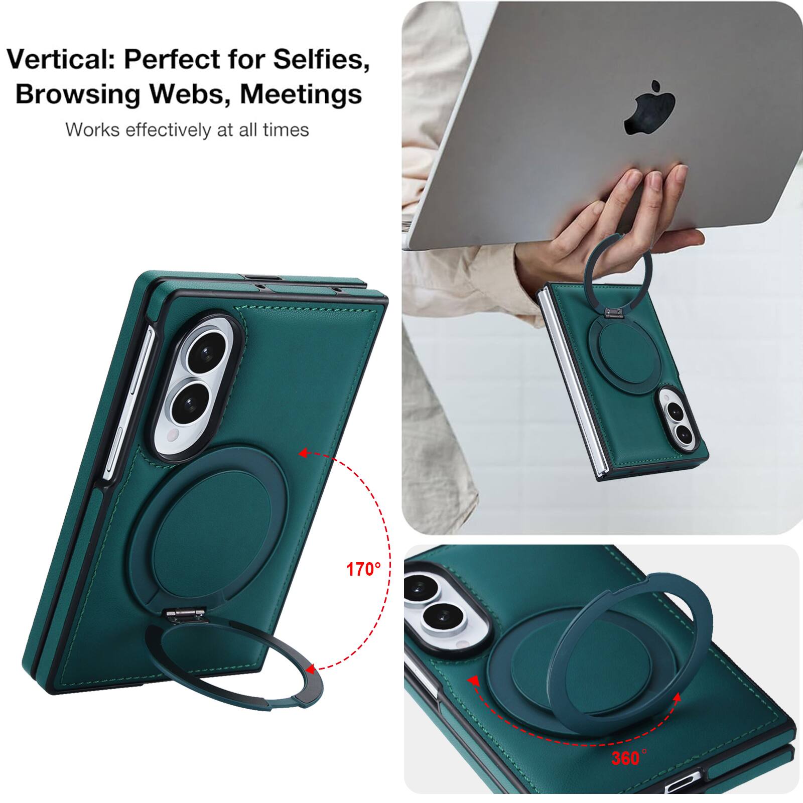 Vertical: Perfect for Selfies, Browsing Webs, Meetings  
Works effectively at all times  

170°  
360°