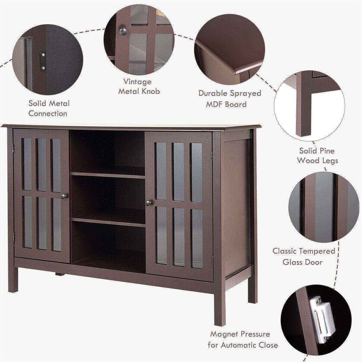 The image features a brown wooden cabinet with a glass door. The cabinet has a vintage metal knob and is made of durable sprayed MDF board. It has solid pine wood legs and a classic tempered glass door. The cabinet also has a magnet pressure feature for automatic close.