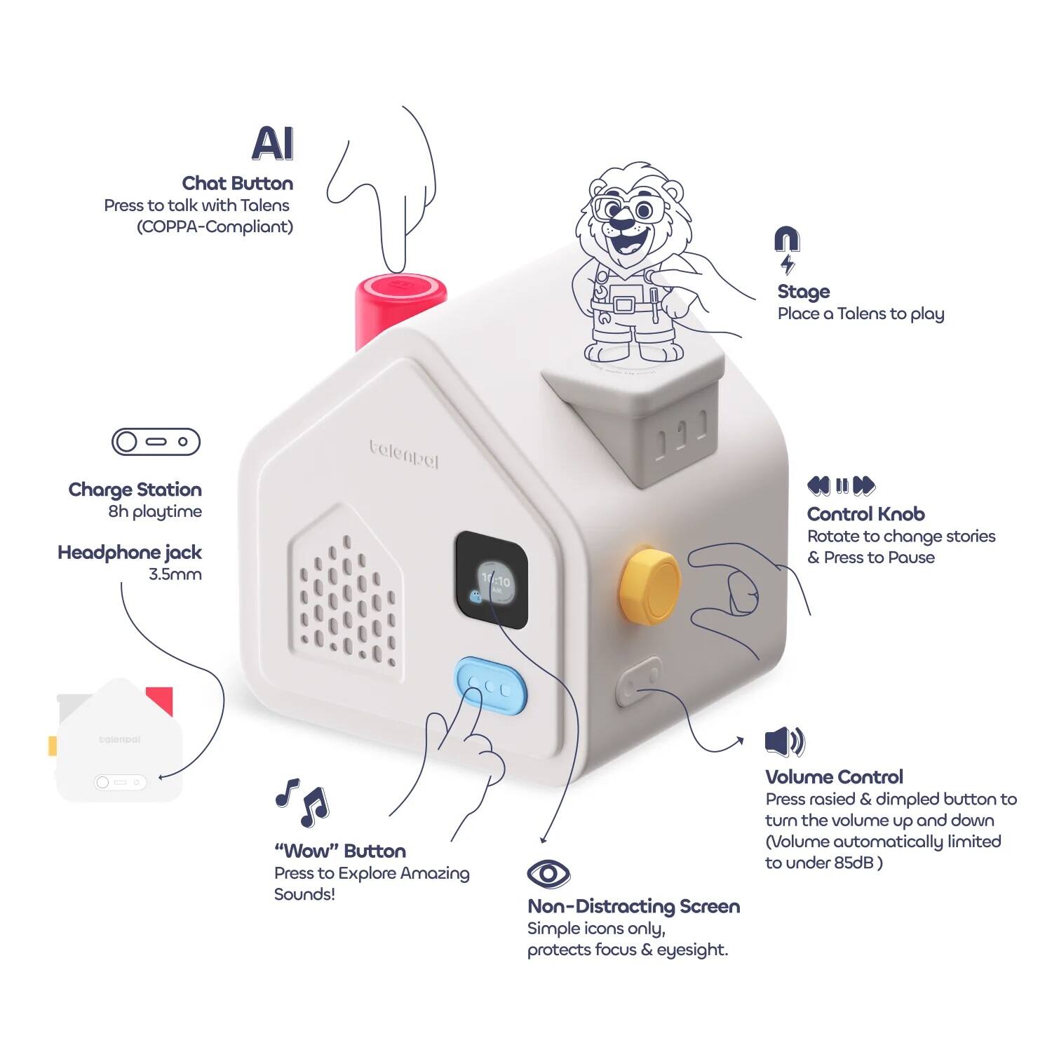 AI Chat Button  
Press to talk with Talens (COPPA-Compliant)  

Stage  
Place a Talens to play  

Charge Station  
8h playtime  

Headphone jack  
3.5mm  

Control Knob  
Rotate to change stories & Press to Pause  

Volume Control  
Press raised & dimpled button to turn the volume up and down (Volume automatically limited to under 85dB)  

"Wow" Button  
Press to Explore Amazing Sounds!  

Non-Distracting Screen  
Simple icons only, protects focus & eyesight.