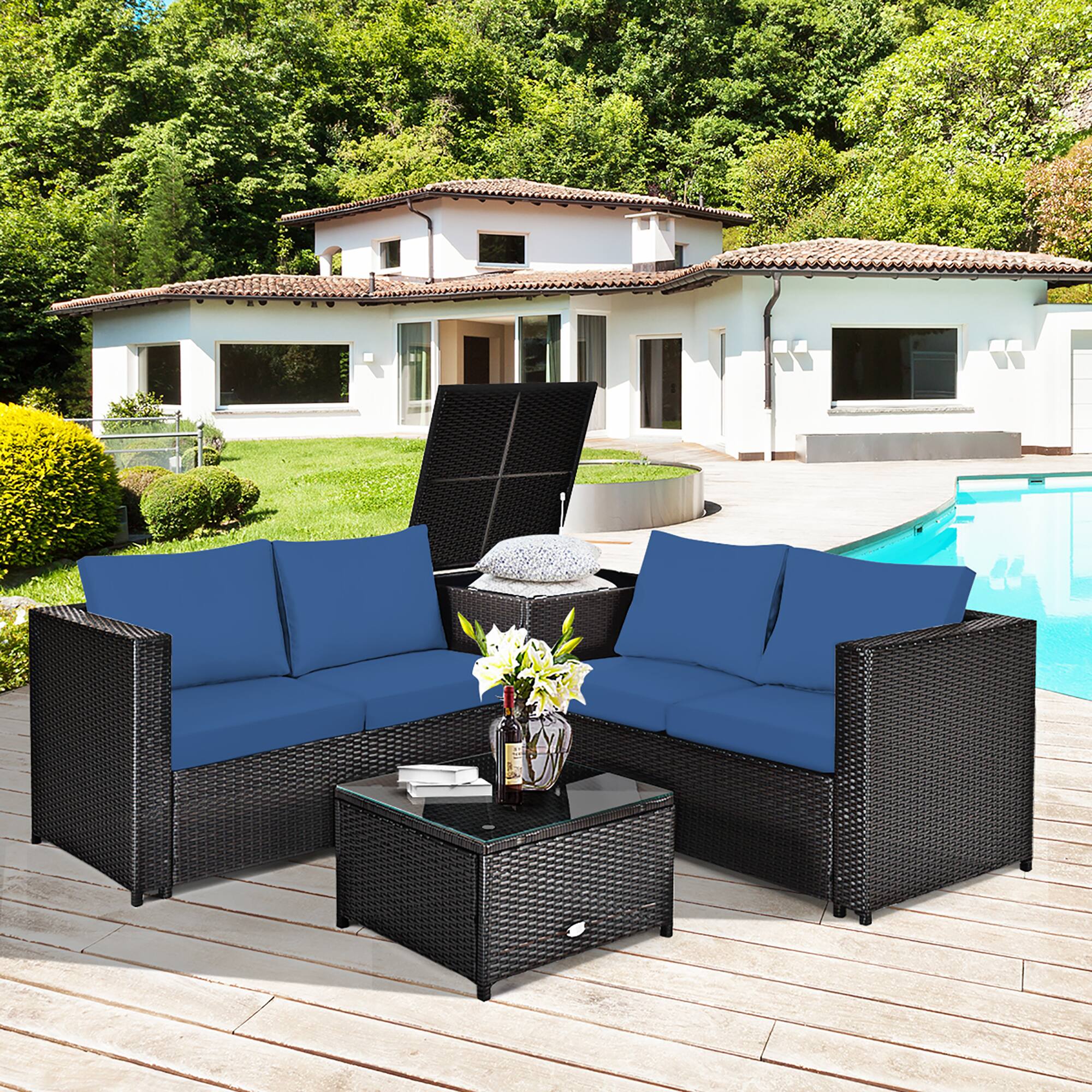 Alt View 2. Costway - Costway 4PCS Patio Rattan Furniture Set Cushioned Loveseat Storage Table - Blue.