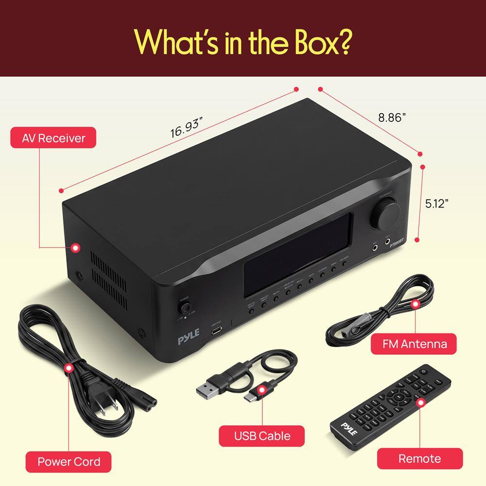 What's in the Box? AV Receiver 16.93" 8.86" 5.12" C O C PYLE FM Antenna USB Cable - 1 - - 1 PYLE 1 - 1 1 Power Cord Remote