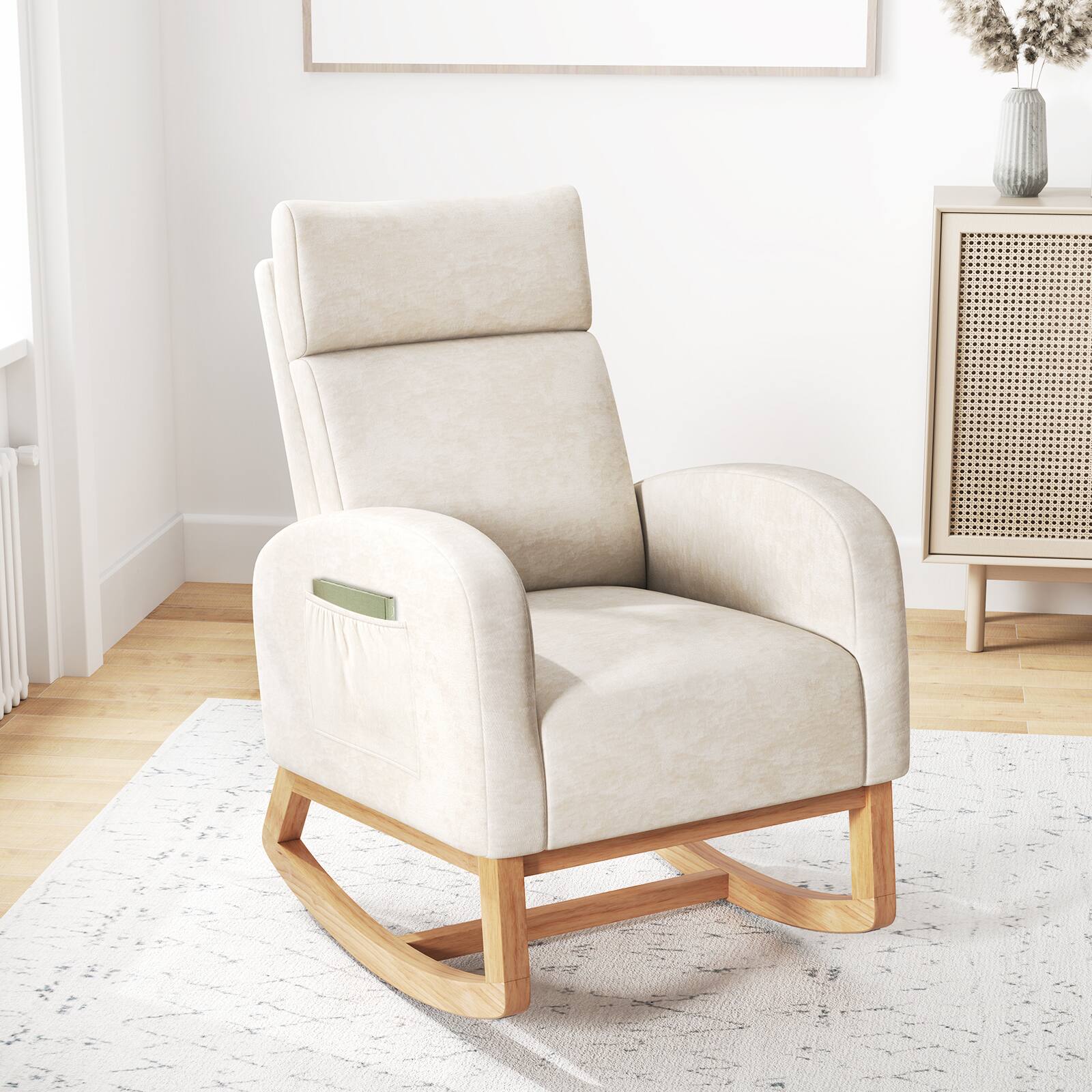 Angle. SlickBlue - Nursery Rocking Chair Upholstered in Chenille with Solid Rubber Wood Frame - Beige.