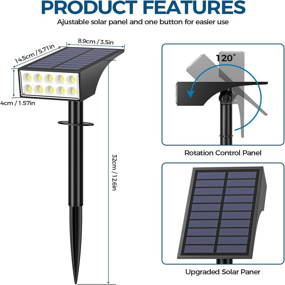 PRODUCT FEATURES  
Adjustable solar panel and one button for easier use  

- 14.5cm / 5.71in  
- 8.9cm / 3.5in  
- 4cm / 1.57in  
- 32cm / 12.6in  

Rotation Control Panel  
120°  

Upgraded Solar Panel