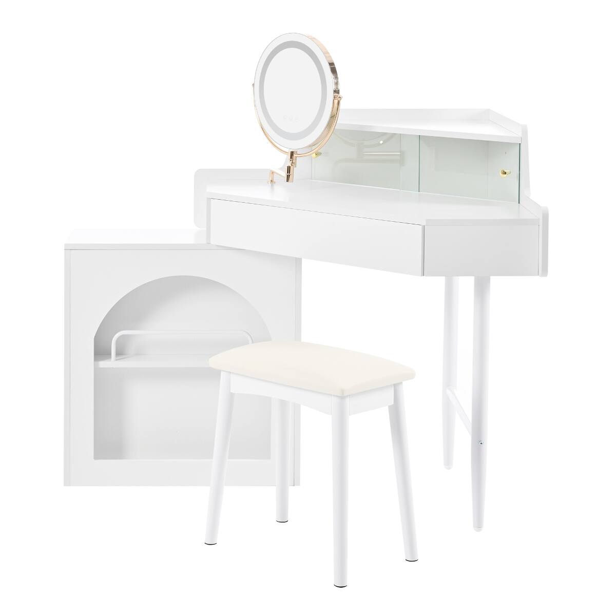 Alt View 8. Loheer - Loheer Corner Makeup Vanity Desk with LED Mirror, White Vanity Set with Stool - White.