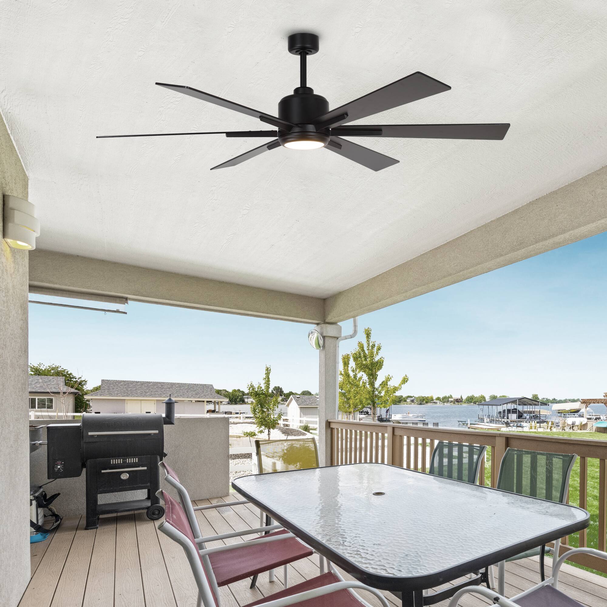 Back. Parrot Uncle - 65" Modern Black Windmill LED Ceiling Fan with Remote Control and Lights - Black.