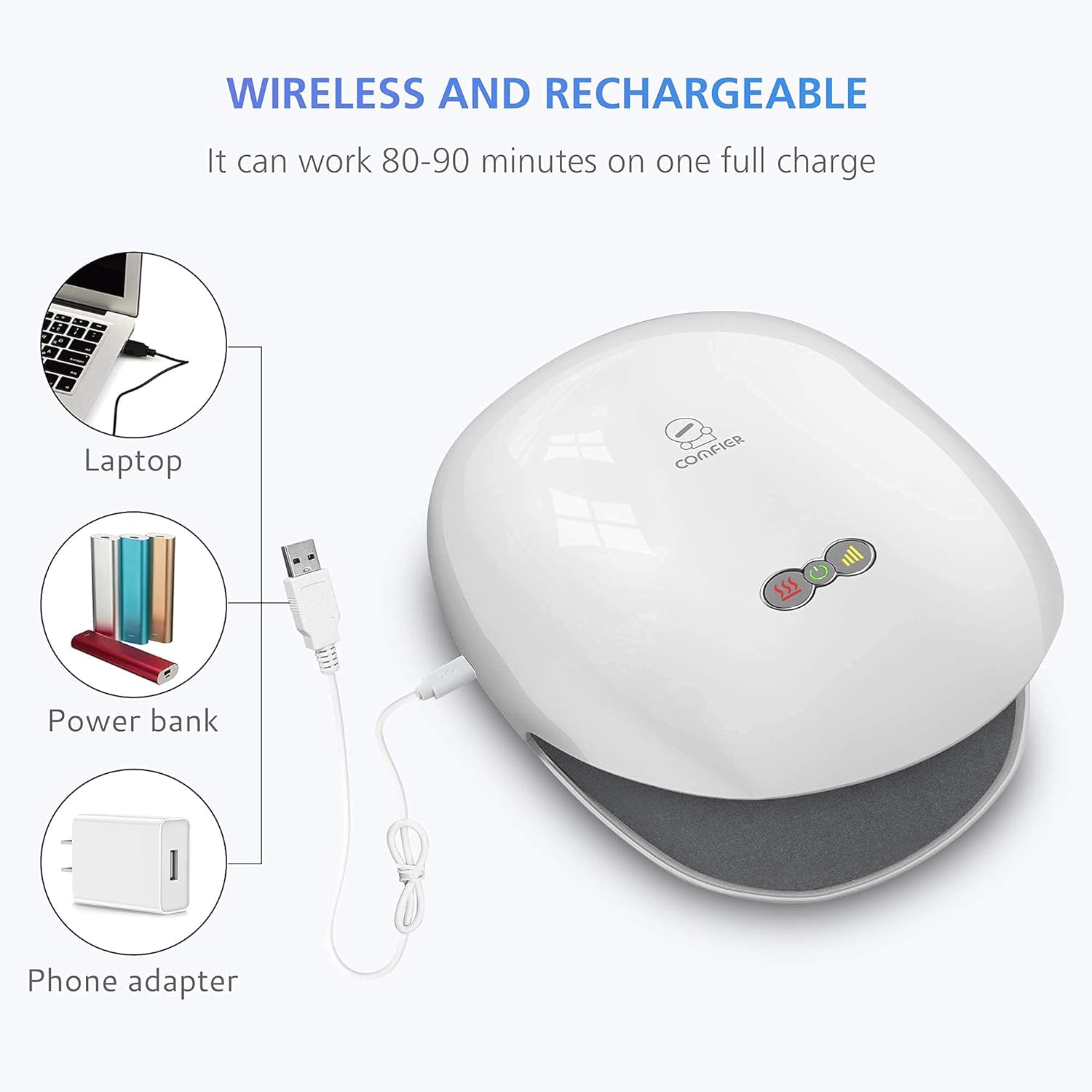 WIRELESS AND RECHARGEABLE

It can work 80-90 minutes on one full charge

Laptop  
Power bank  
Phone adapter