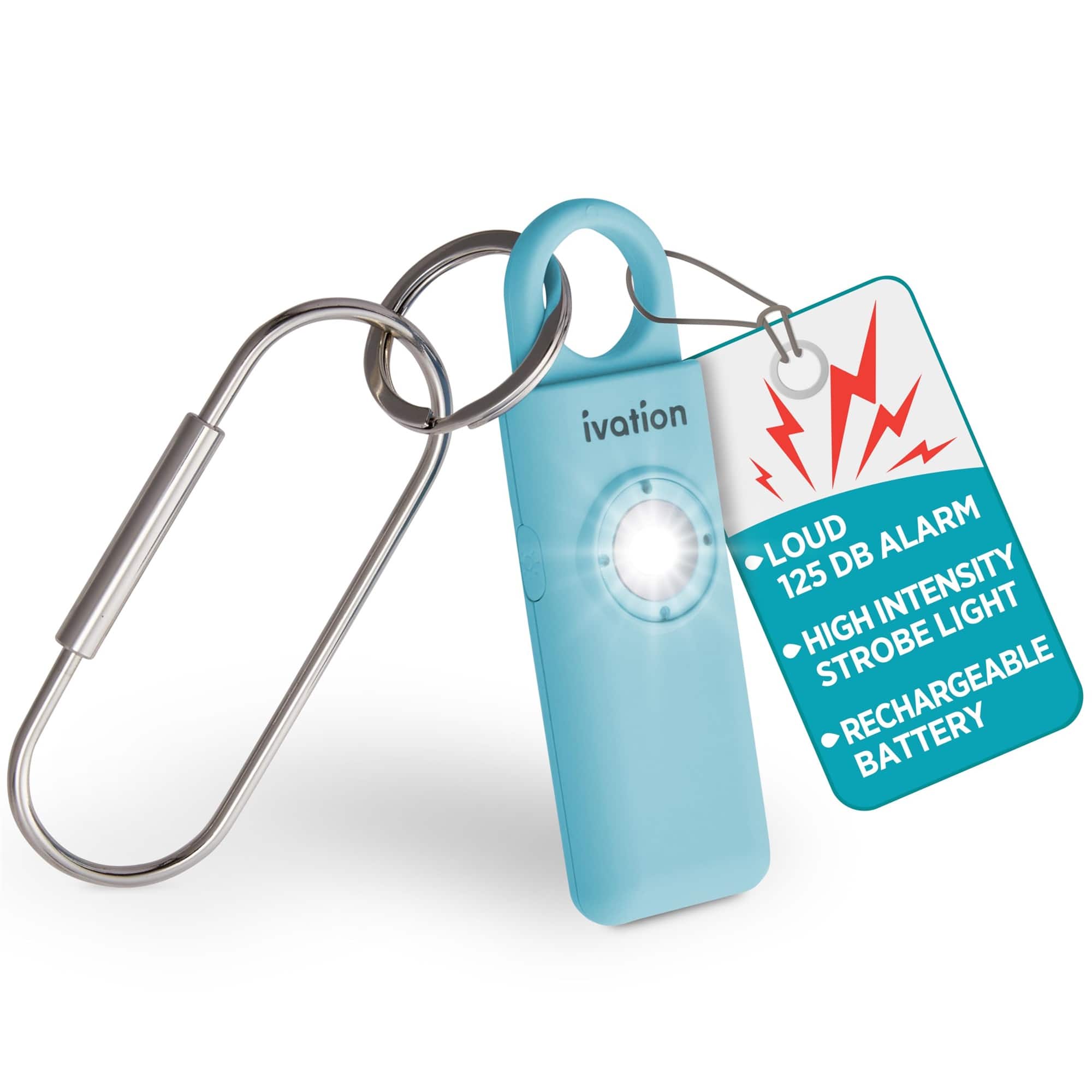 Ivation - Personal SOS Keychain Alarm, 130 dB Rechargeable Personal Alarm w/LED Strobe Light - Aqua