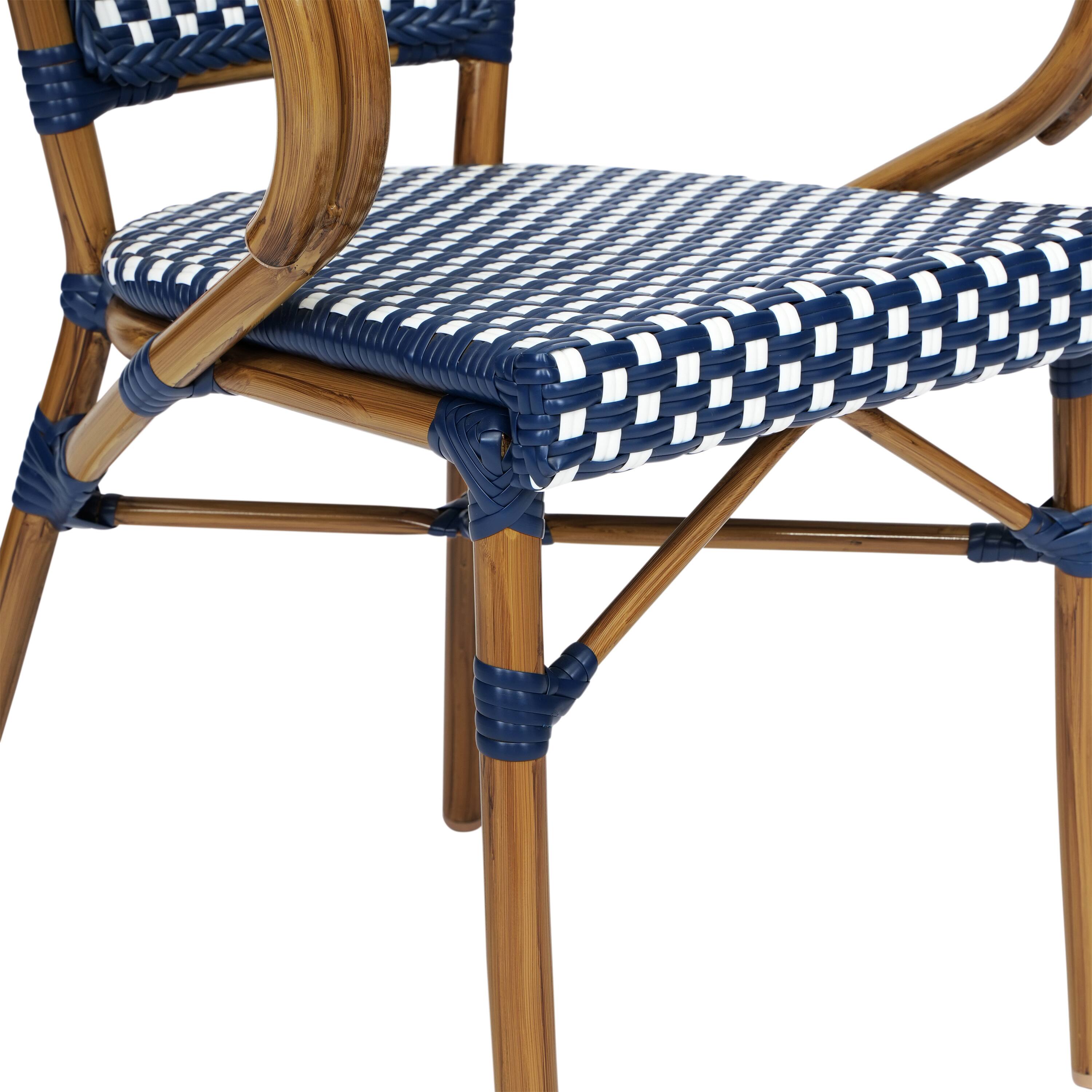 Alt View 9. Emma + Oliver - Soie Indoor/Outdoor Stacking Thonet Bistro Style Chair with Arms, PE Rattan Seat and Bamboo Finished Metal Frame - Navy & White/Natural Frame.
