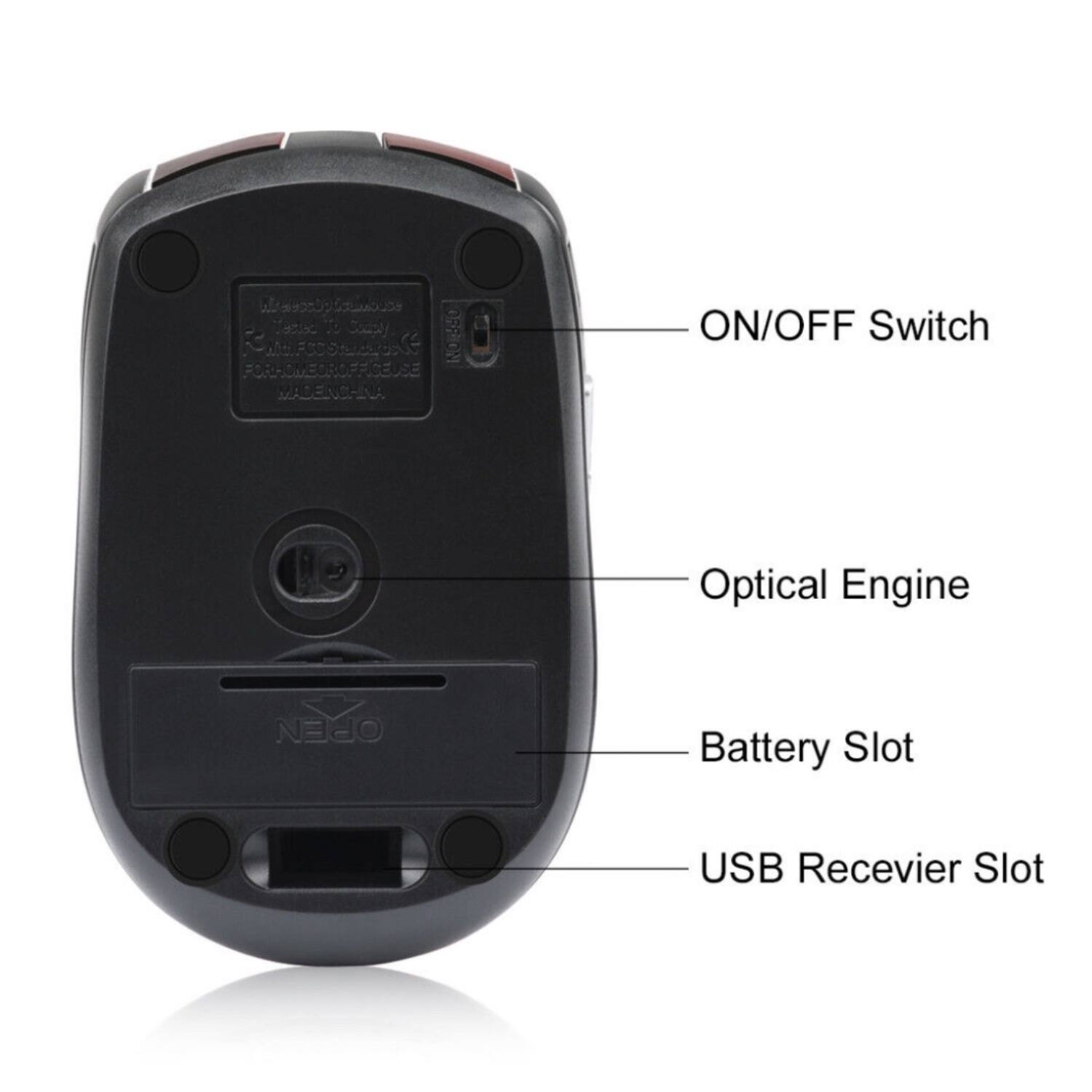 The corrected text is:

- ON/OFF Switch
- Optical Engine
- Battery Slot
- USB Receiver Slot