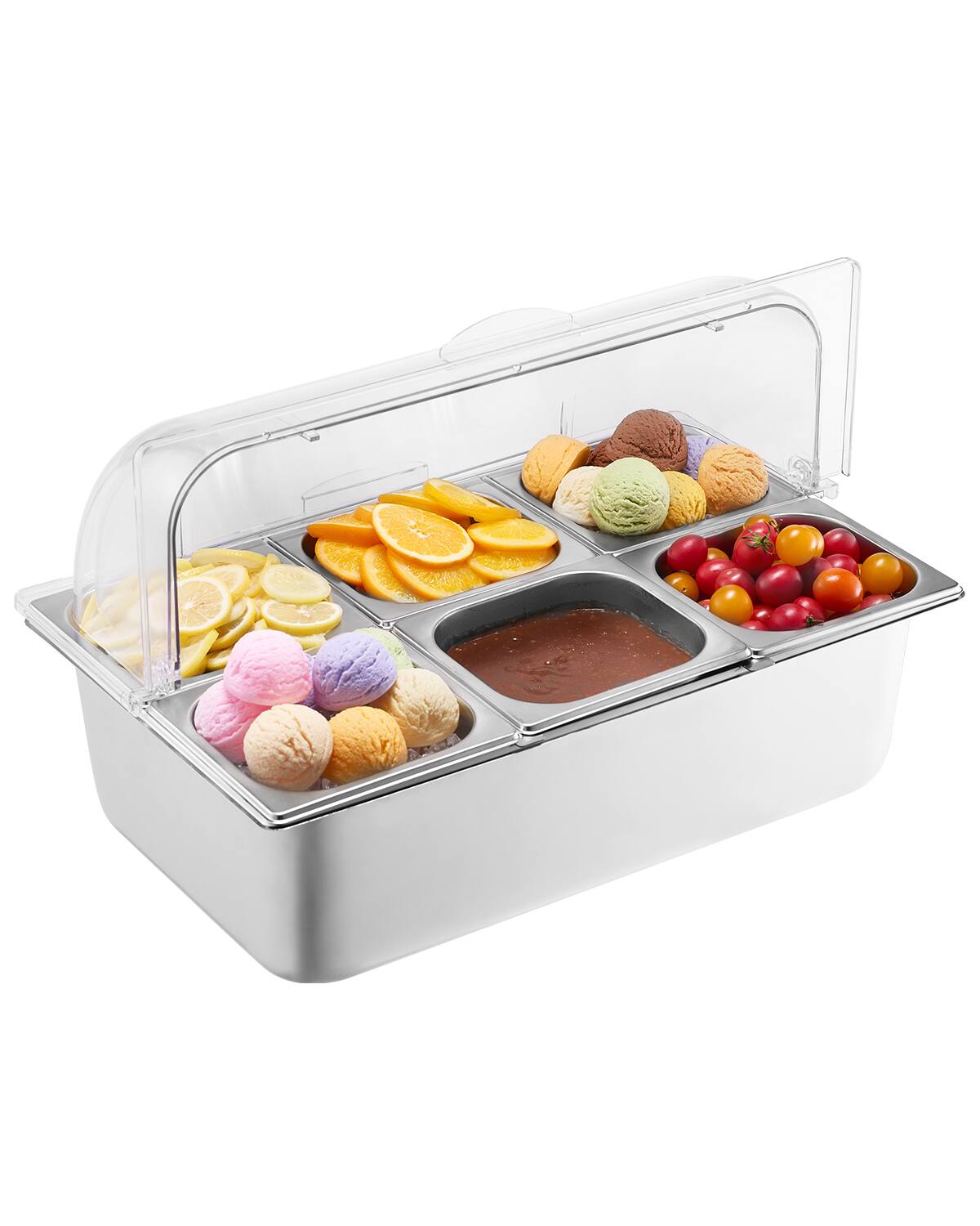 Front. VEVOR - Countertop Food Serving Display Container, 6 Pan Stainless Steel Food Serving Tray - Stainless Steel Silver.