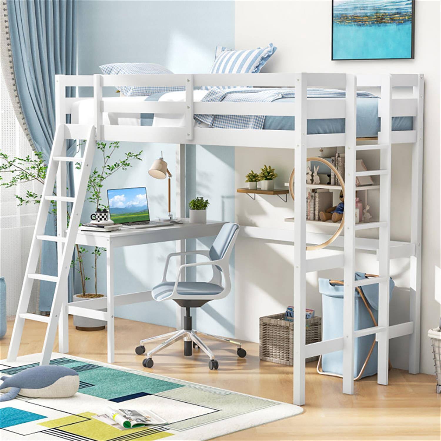 Alt View 6. Pefilos - Loft Bed Twin Size, Solid Wood Loft Bed with Desk Angled and Built-in Ladder, Modern Wooden Playhouse Bed Frame, White - White.