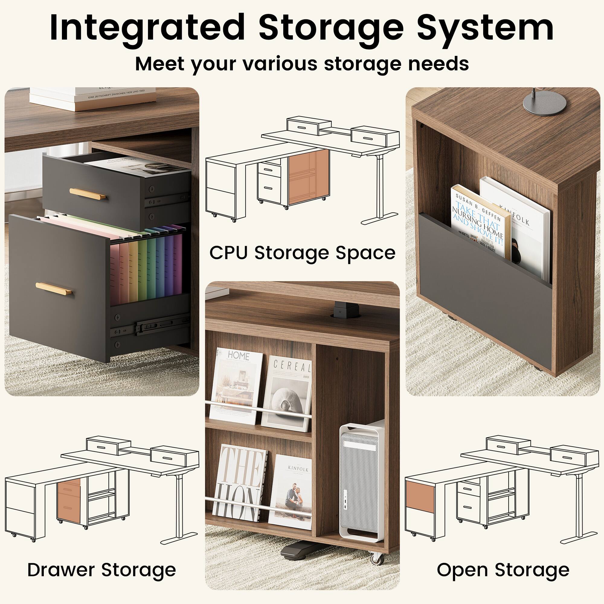 Integrated Storage System  
Meet your various storage needs  

- CPU Storage Space  
- Drawer Storage  
- Open Storage