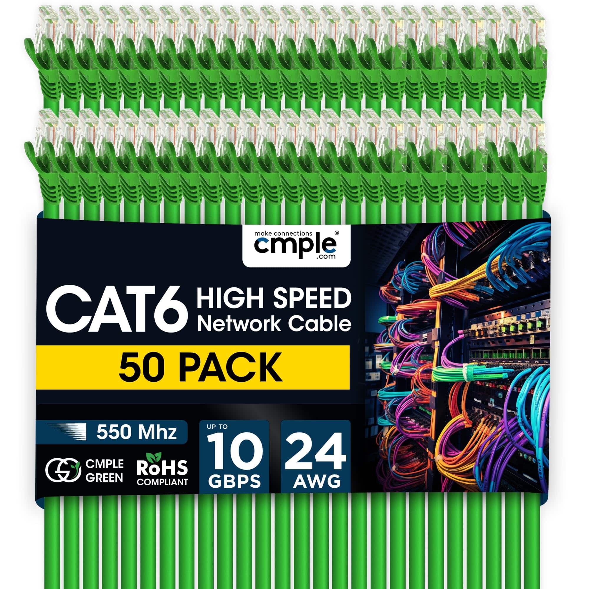 Cmple.com - Cmple - 50 Pack Cat 6 Ethernet Cable 3 ft 10Gbps Internet Cables with RJ45 Connectors 550MHz Cat6 Patch Cord - Green