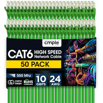 make connections a cmple .com HIGH SPEED CAT6 Network Cable 50 PACK UP TO 550 Mhz CMPLE RoHS 10 24 S GREEN GBPS AWG COMPLIANT