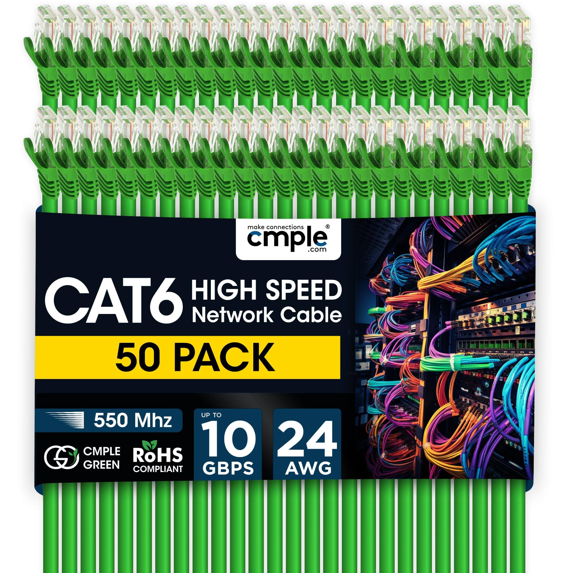 make connections a cmple .com HIGH SPEED CAT6 Network Cable 50 PACK UP TO 550 Mhz CMPLE RoHS 10 24 S GREEN GBPS AWG COMPLIANT