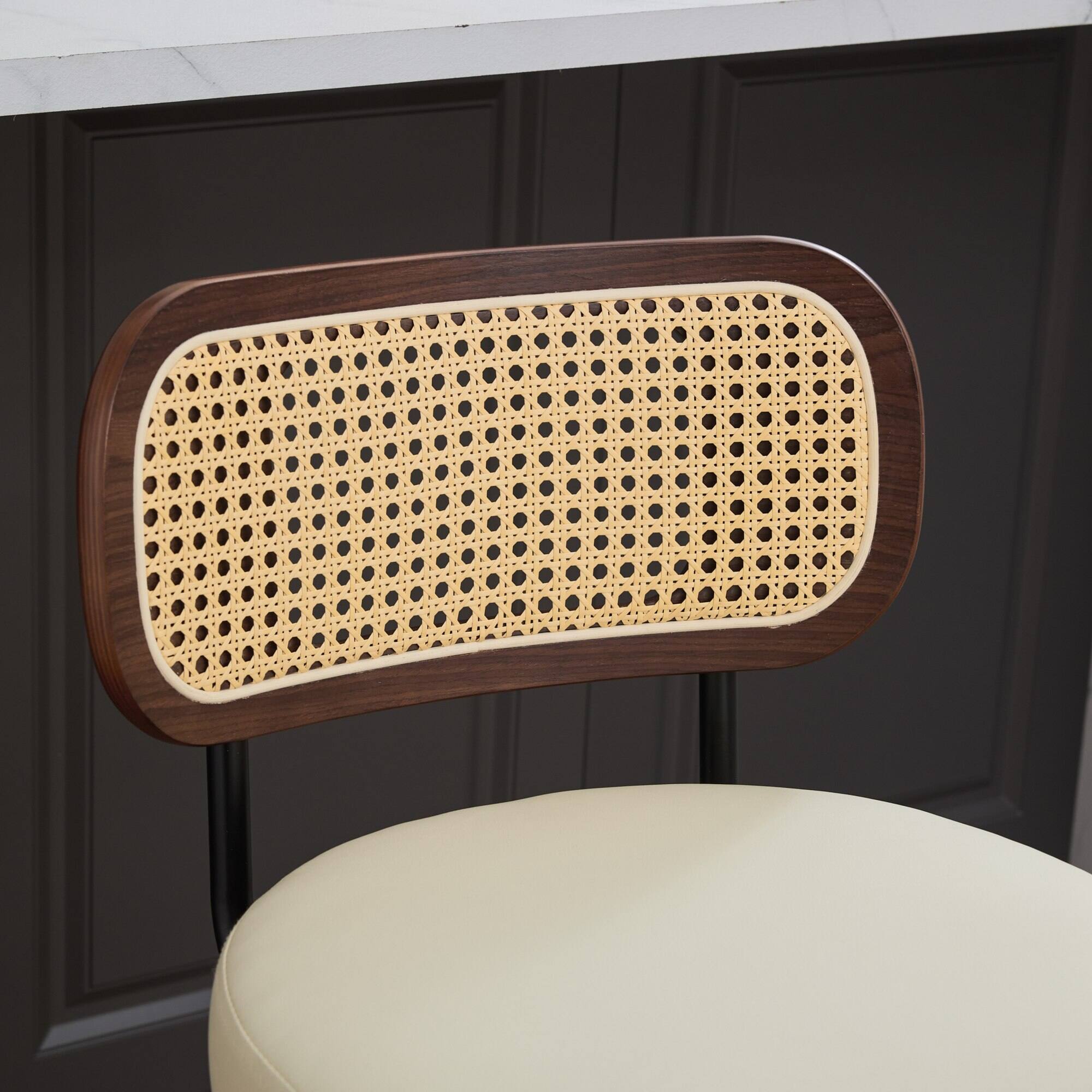 Alt View 5. APRILSOUL - Set of 2 Counter Height Bar Stools 26 inch Rattan Cane Back Upholstered Seat Walnut Swivel - Beige.