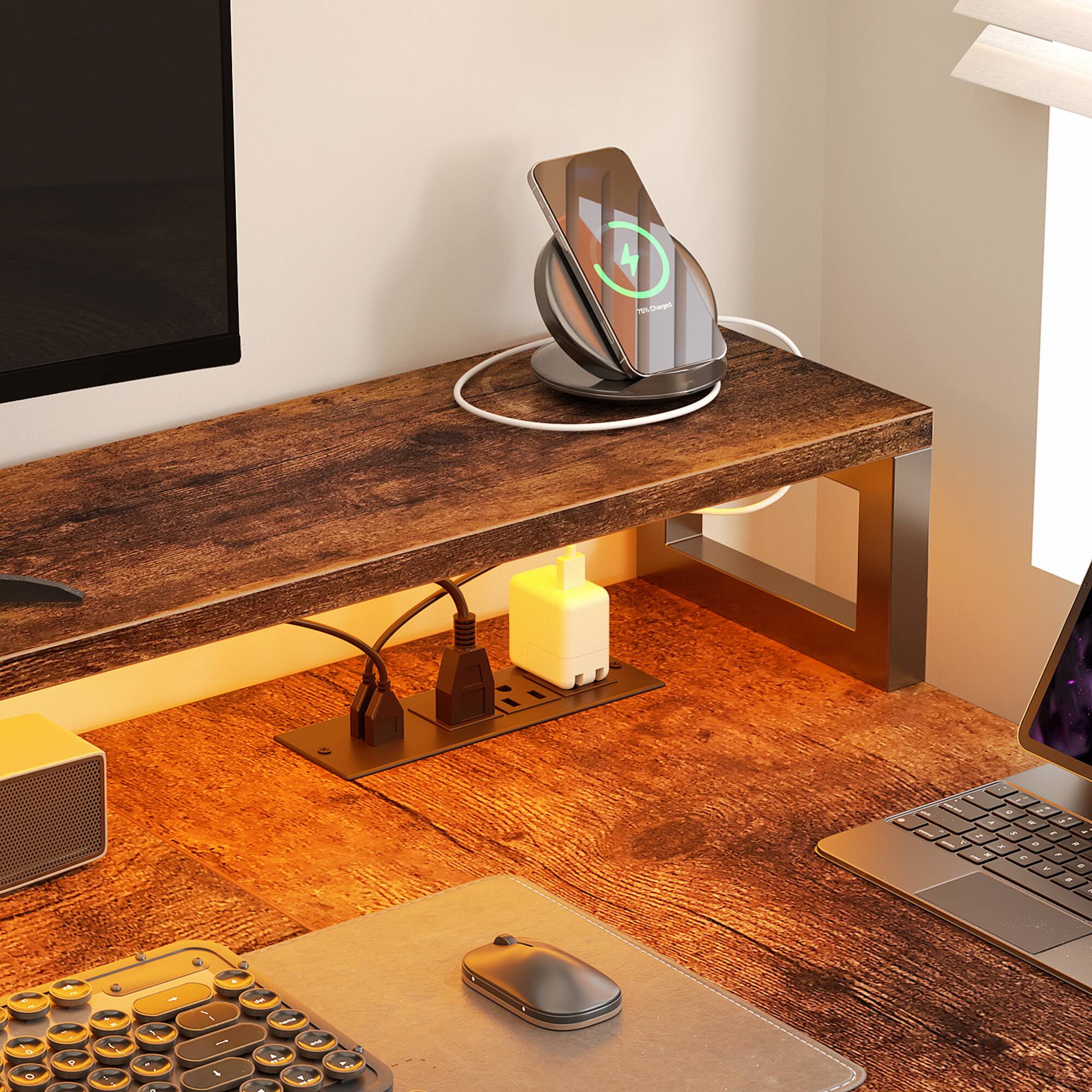 Alt View 1. Aheaplus - Reversible L Shaped Gaming/Office Desk with Power Outlet, File Drawer, Monitor Stand, LED Strip & Storage Shelf - Rustic Brown.