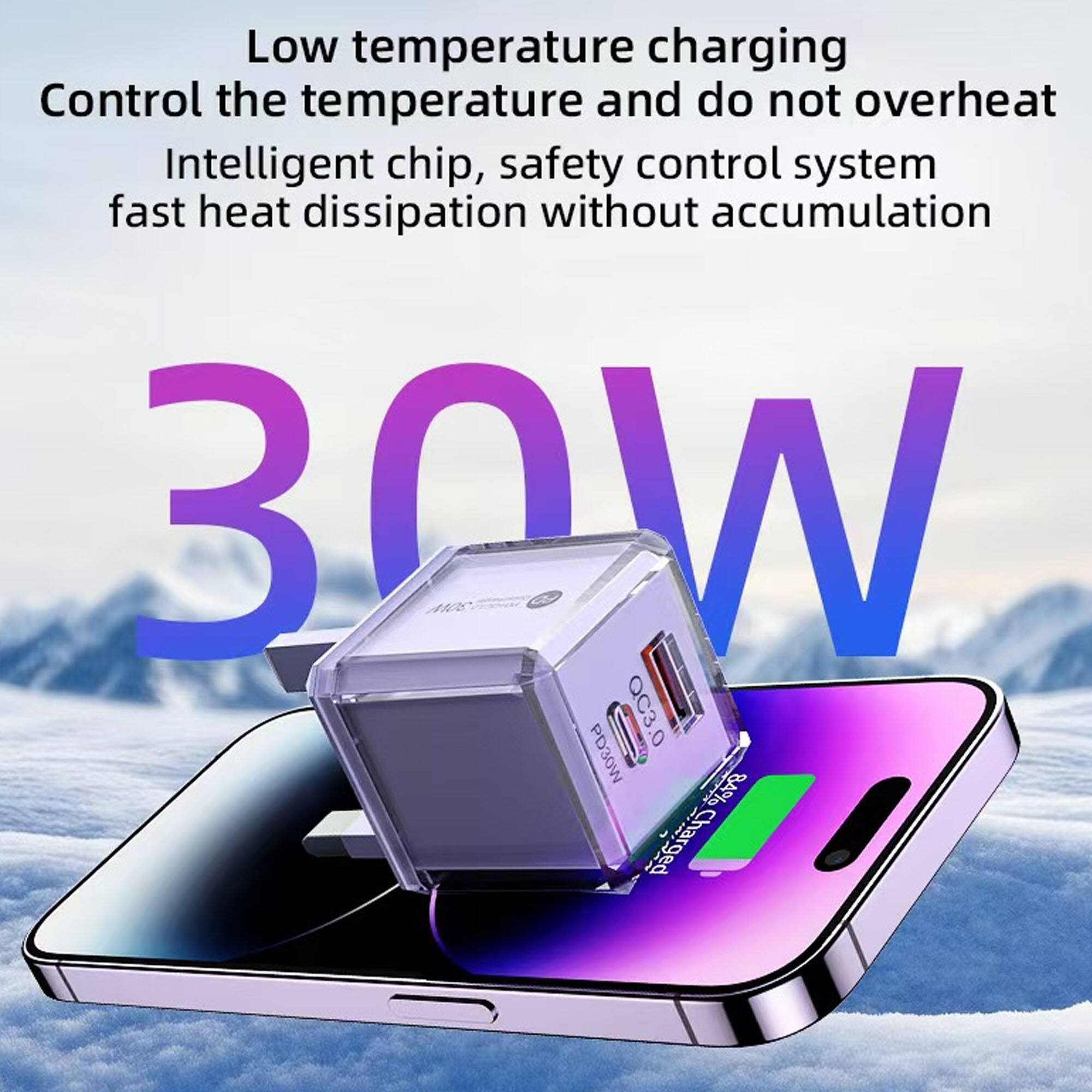 Low temperature charging  
Control the temperature and do not overheat  
Intelligent chip, safety control system  
fast heat dissipation without accumulation  

30W  

30W ANK QC3.0 PD30W 8A% Charged