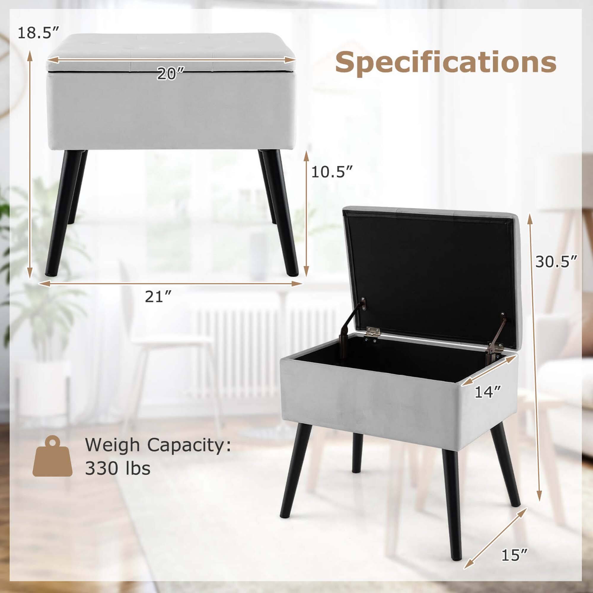 Sure, here is the corrected and grouped text from the image:

**Specifications**

- **Dimensions:**
  - Length: 20"
  - Width: 18.5"
  - Height: 10.5"
  - Interior Length: 30.5"
  - Interior Width: 14"
  - Interior Height: 15"
  - Base Length: 21"

- **Weight Capacity:**
  - 330 lbs