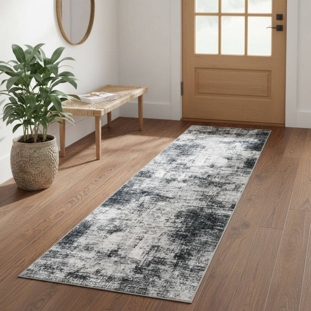 Front. FINEAK - Abstract Kitchen Runner Rug Washable Runners for Hallways - Black/Grey/White.