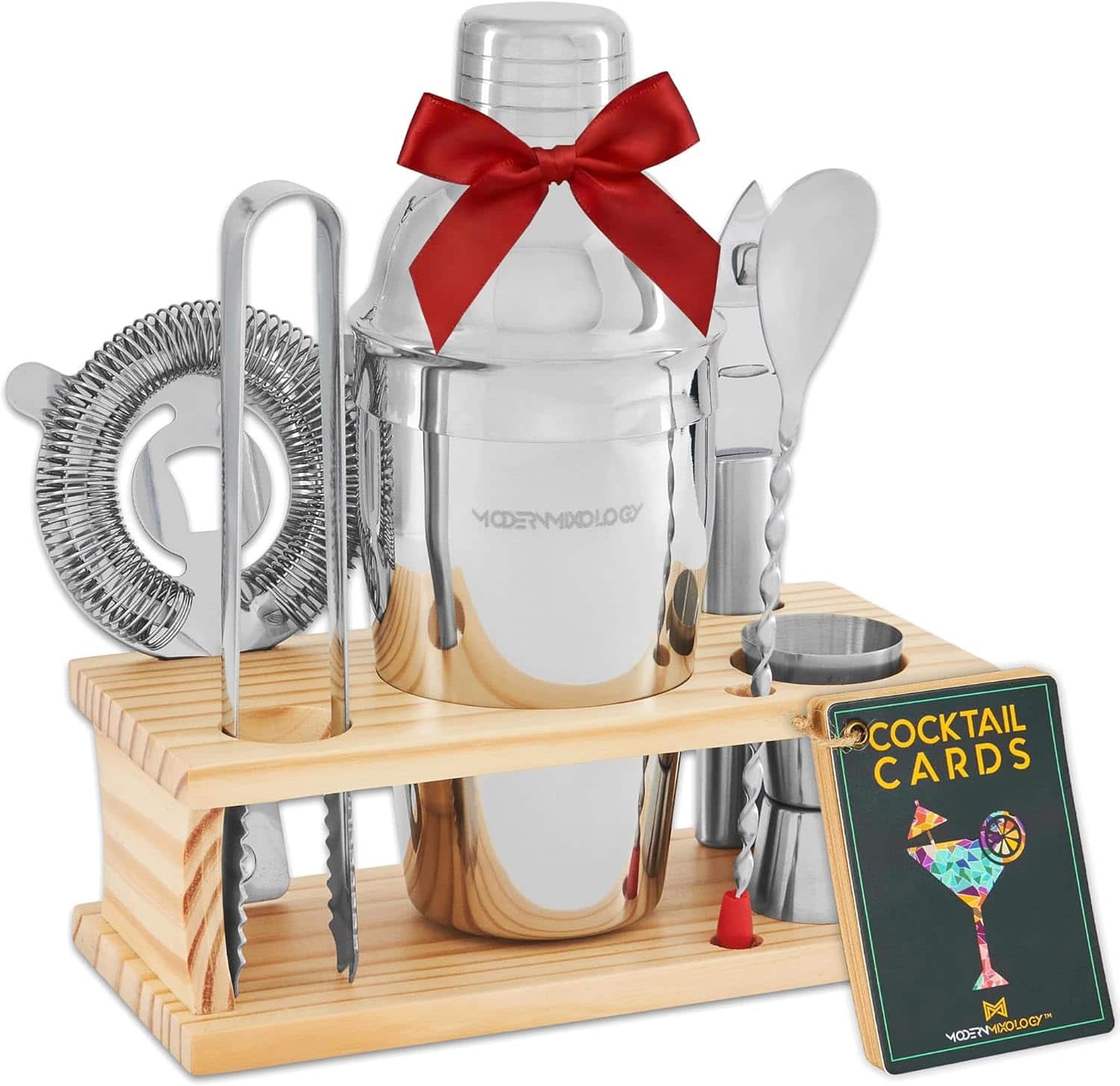 Zulay Kitchen - Modern Mixology Cocktail Shaker Set - 8 Piece Bartender Kit on Quality Pine Stand - Silver