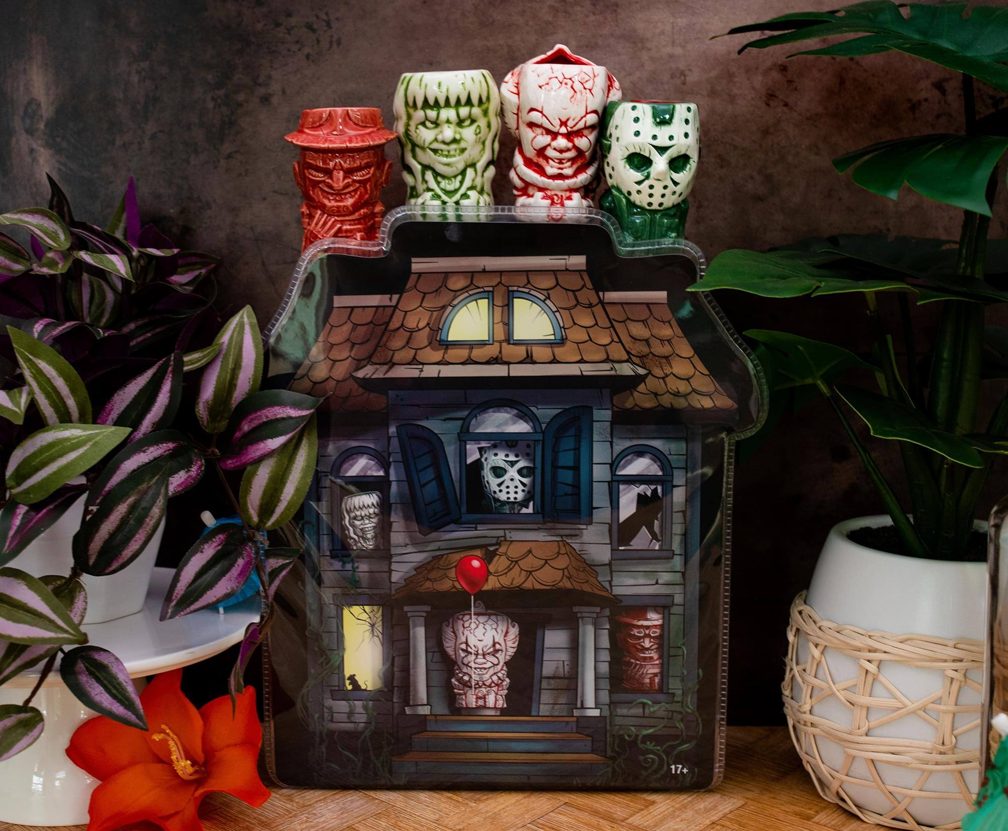Alt View 4. ThinkGeek - Geeki Tikis Horror Mini Muglets 4-Pack | Regan, Jason, Pennywise, Freddy - Grey.