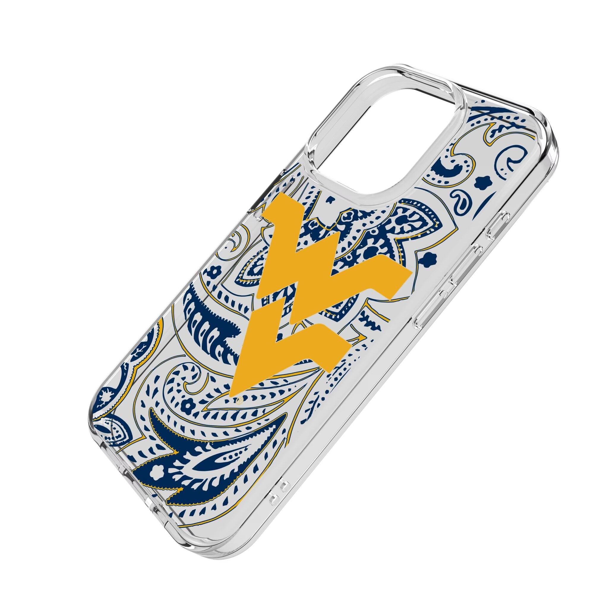 Alt View 1. Keyscaper - West Virginia Mountaineers iPhone Paisley Design Clear Case - 16 Plus - Multicolor.