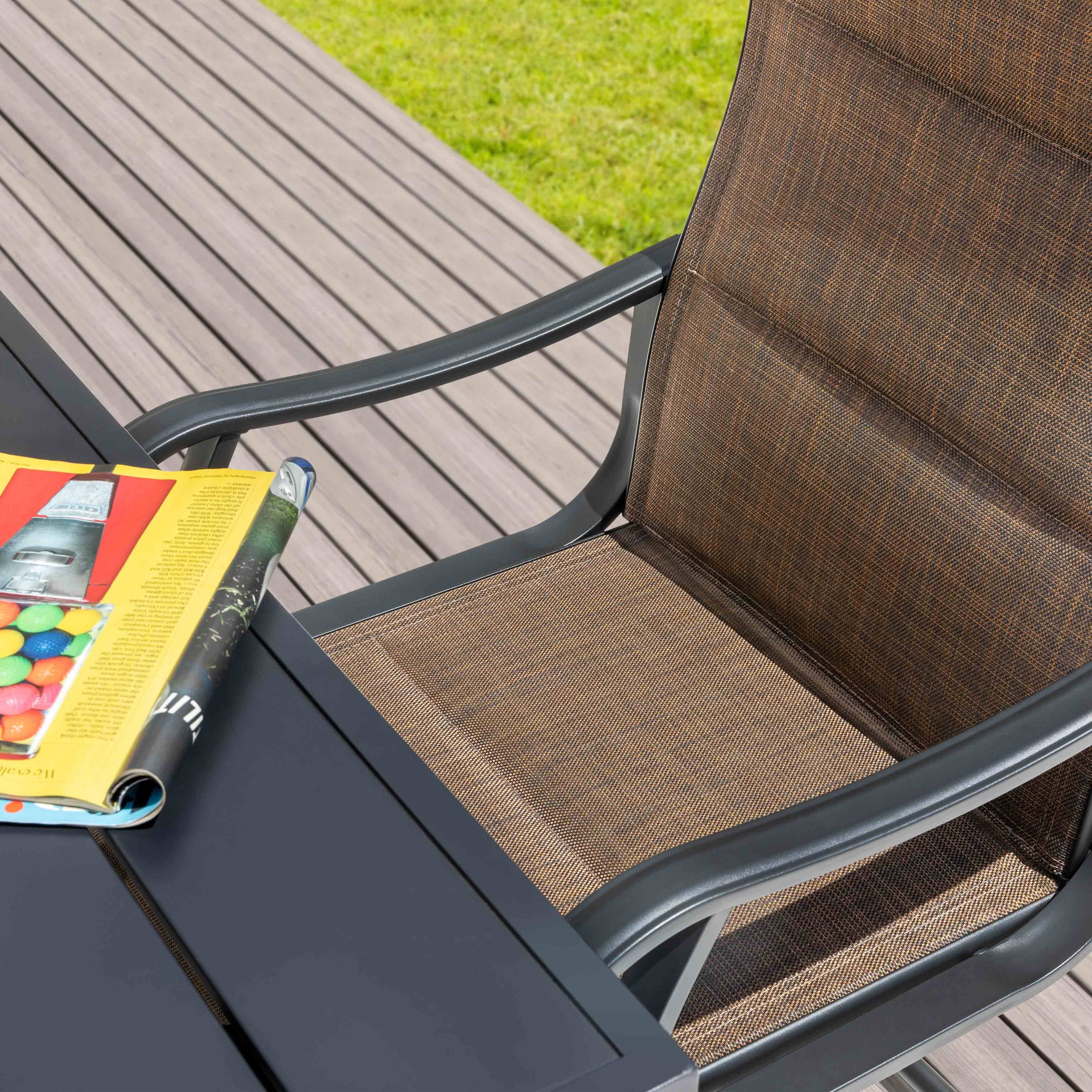 Back. Nuu Garden - Patio 5-Piece Dining Set, Premium Textilene Chairs, Square Iron Table - Brown.