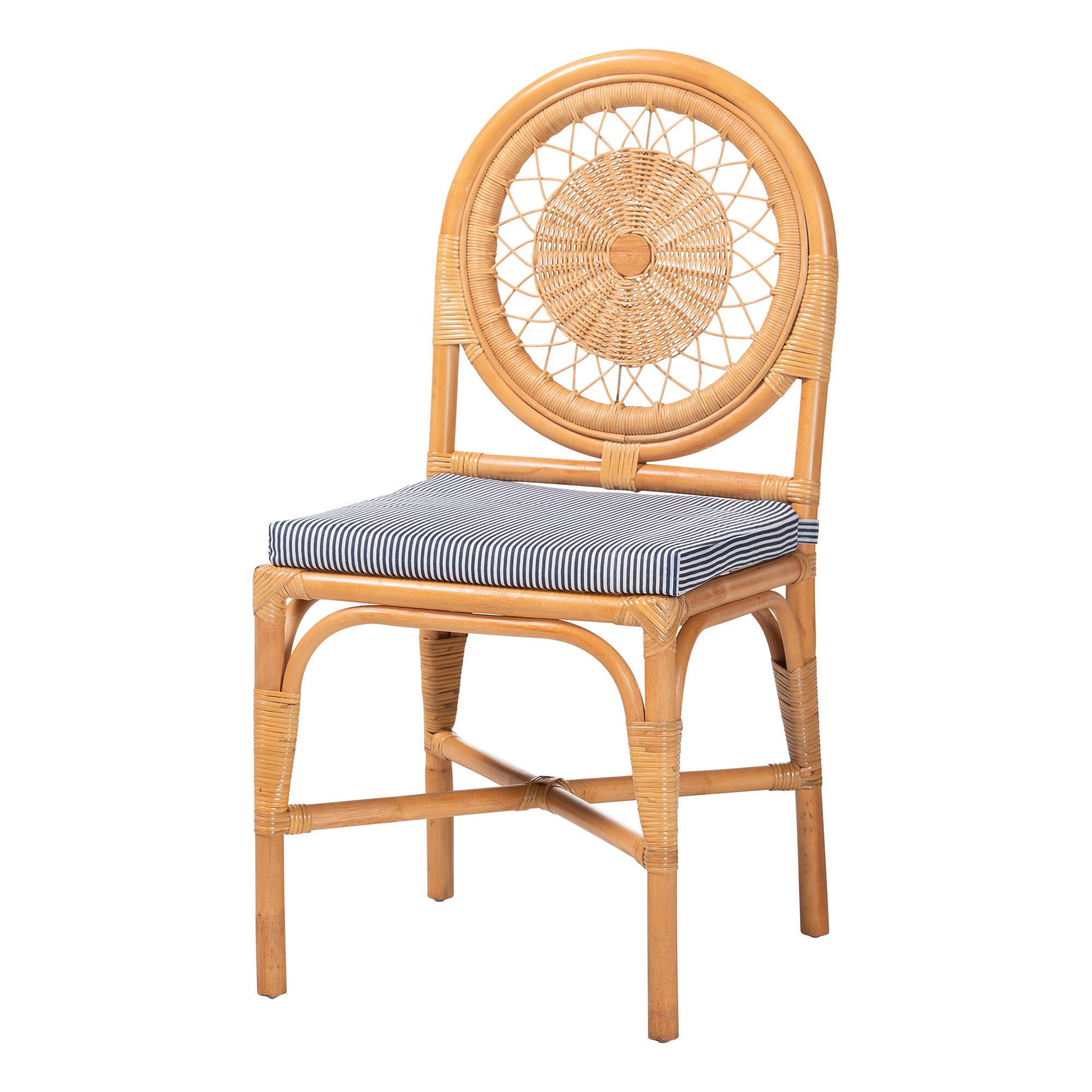 Front. bali & pari - Oberon Natural Rattan Dining Chair with Cushion - Handwoven Wicker Bistro Accent Seating with Sunburst Backrest - Light Honey.
