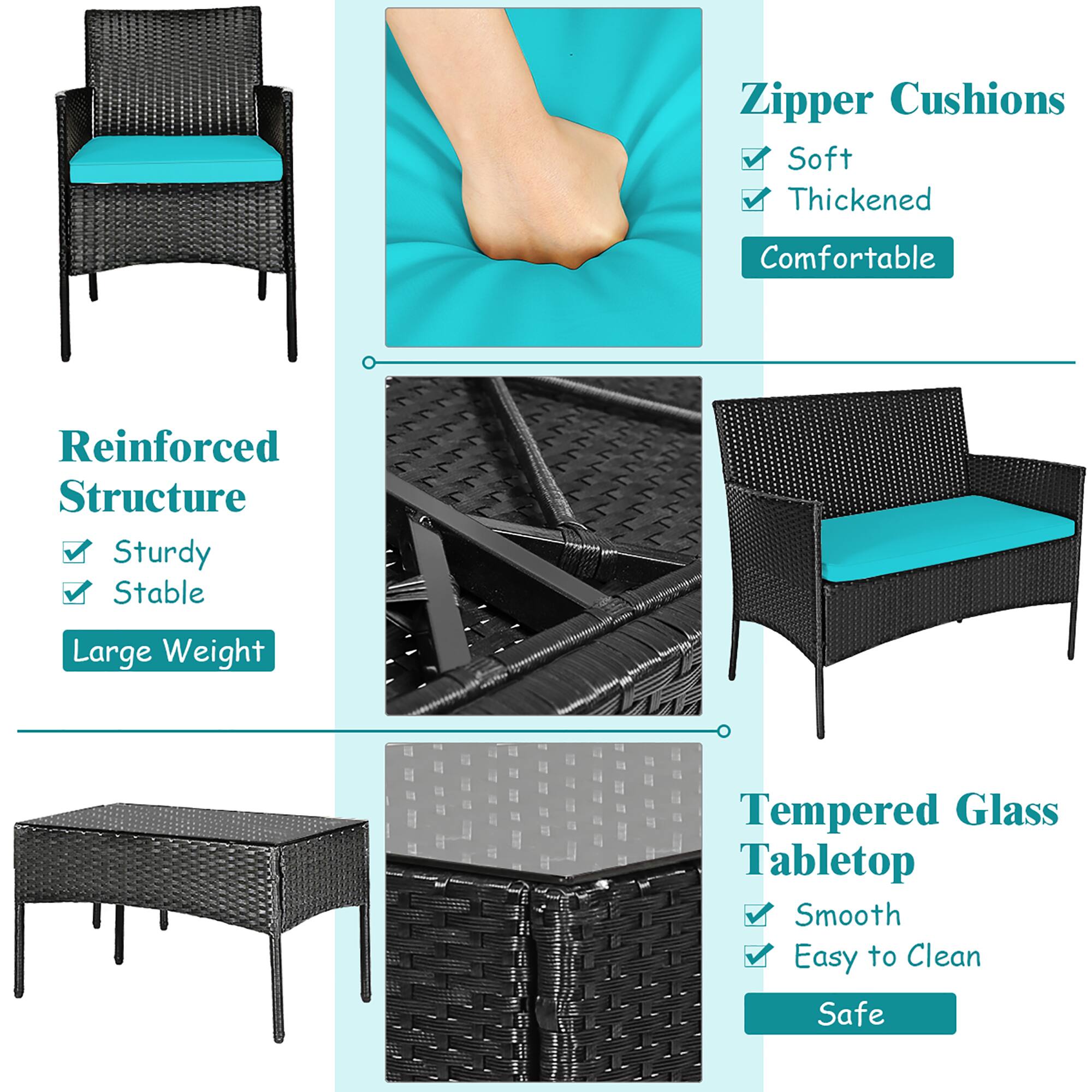 Zipper Cushions: Soft, Thickened, Comfortable

Reinforced Structure: Sturdy, Stable, Large Weight

Tempered Glass Tabletop: Smooth, Easy to Clean, Safe
