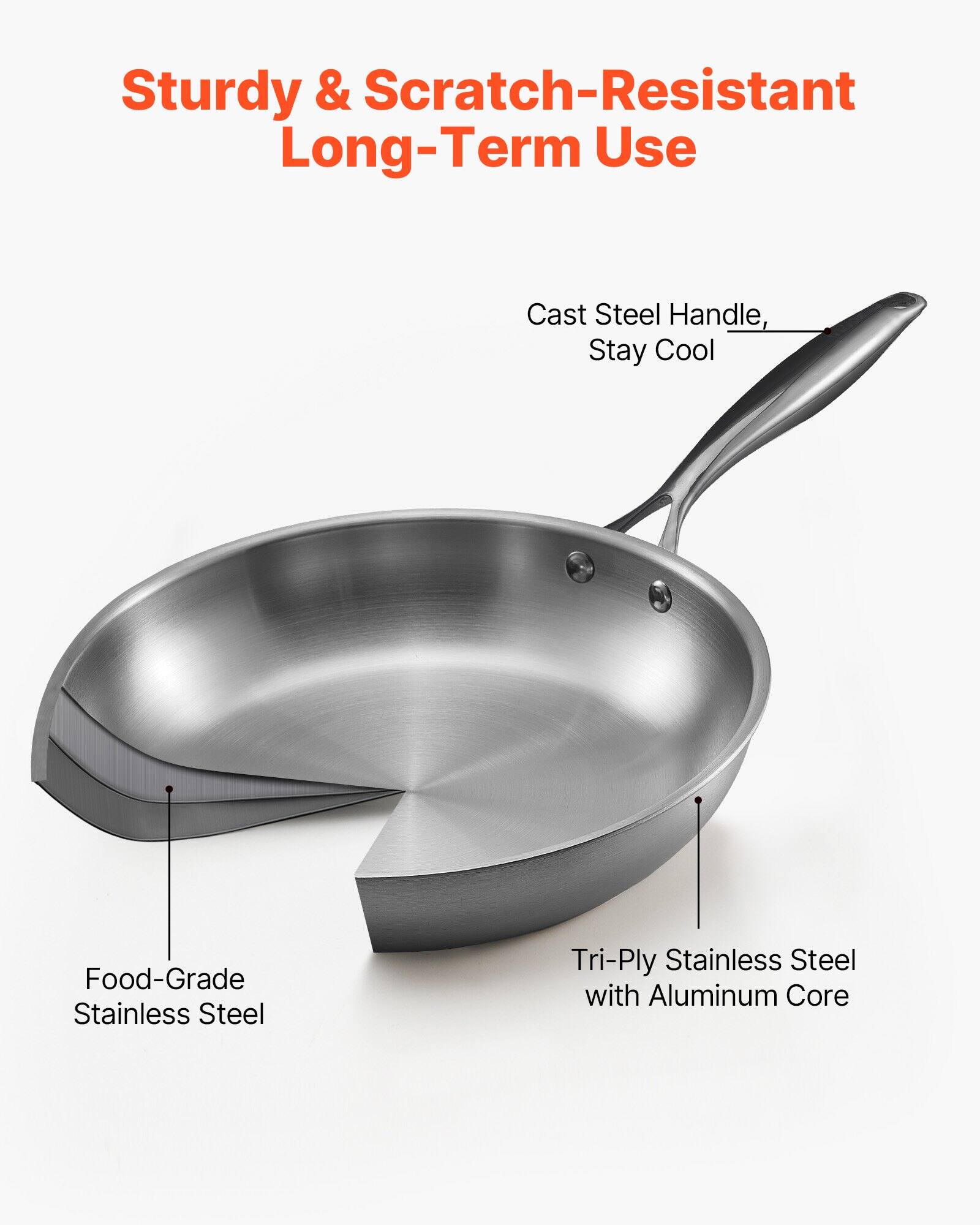 Sturdy & Scratch-Resistant Long-Term Use

- Cast Steel Handle, Stay Cool
- Food-Grade Stainless Steel
- Tri-Ply Stainless Steel with Aluminum Core