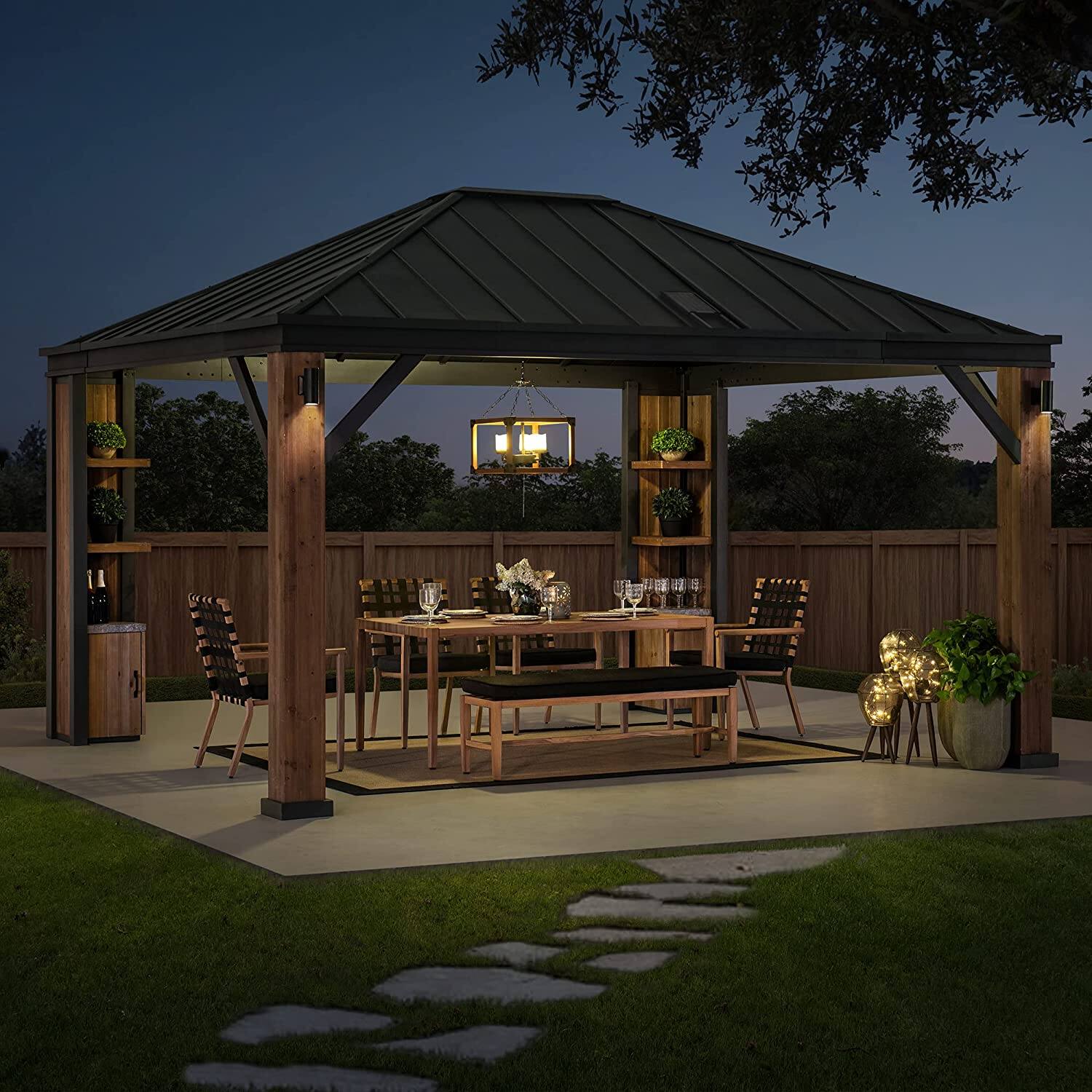 Angle. SUNJOY - Outdoor Patio 12 x 14 ft. Solar Powered Cedar Wood Framed Steel Hardtop Gazebo with LED Lighting and Bluetooth Sound.