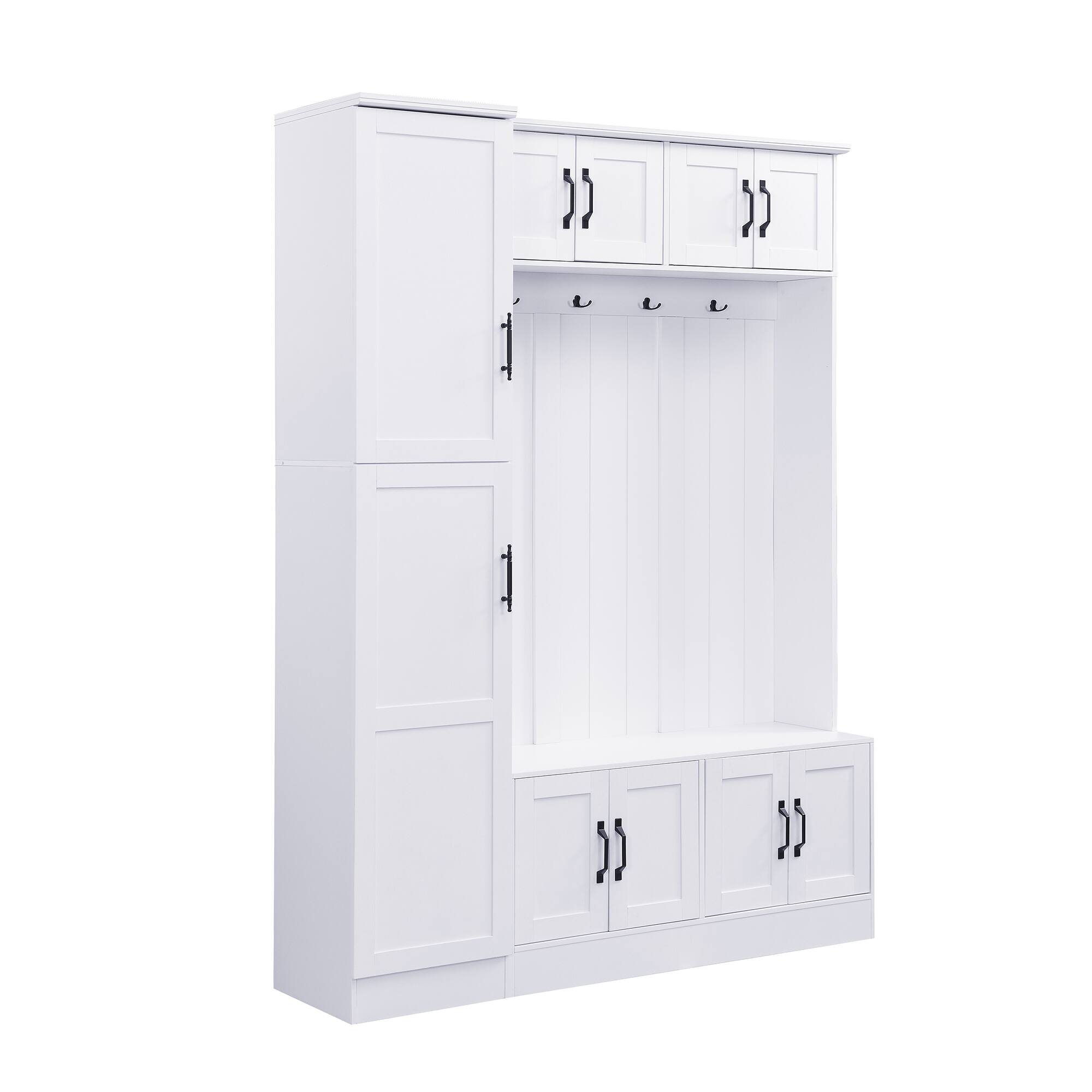 Angle. Whisen - Modern Hall Tree with Shoe Storage, 4-in-1 Entryway Bench with 6 Cabinets and 4 Hooks - White.