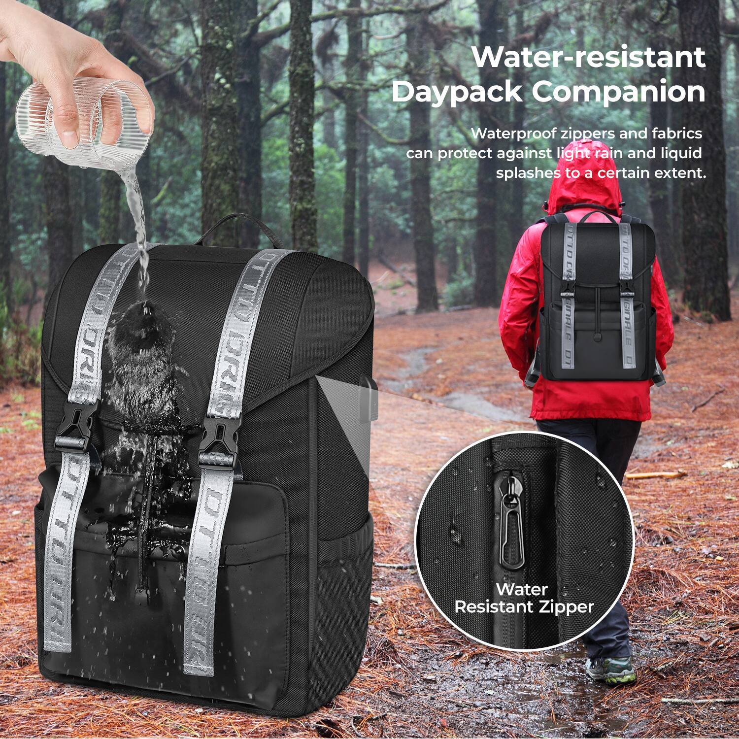 Water-resistant Daypack Companion

Waterproof zippers and fabrics can protect against light rain and liquid splashes to a certain extent.

Water Resistant Zipper